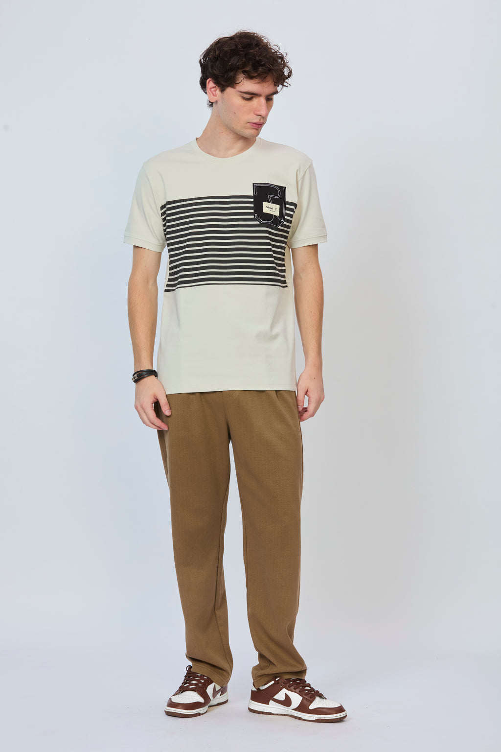 Cream T-Shirt with Black Stripe & Embroidered Pocket