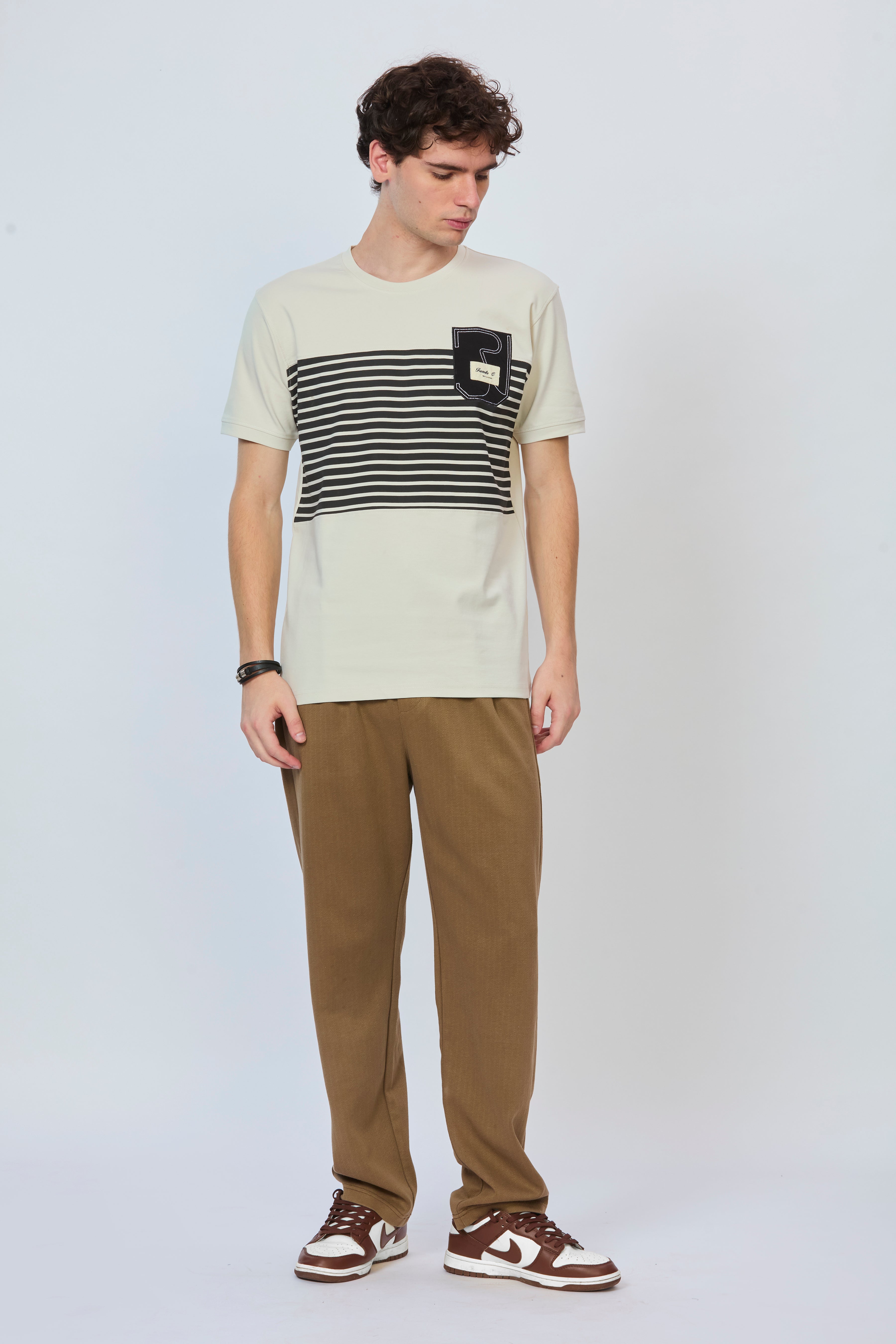 Cream T-Shirt with Black Stripe & Embroidered Pocket