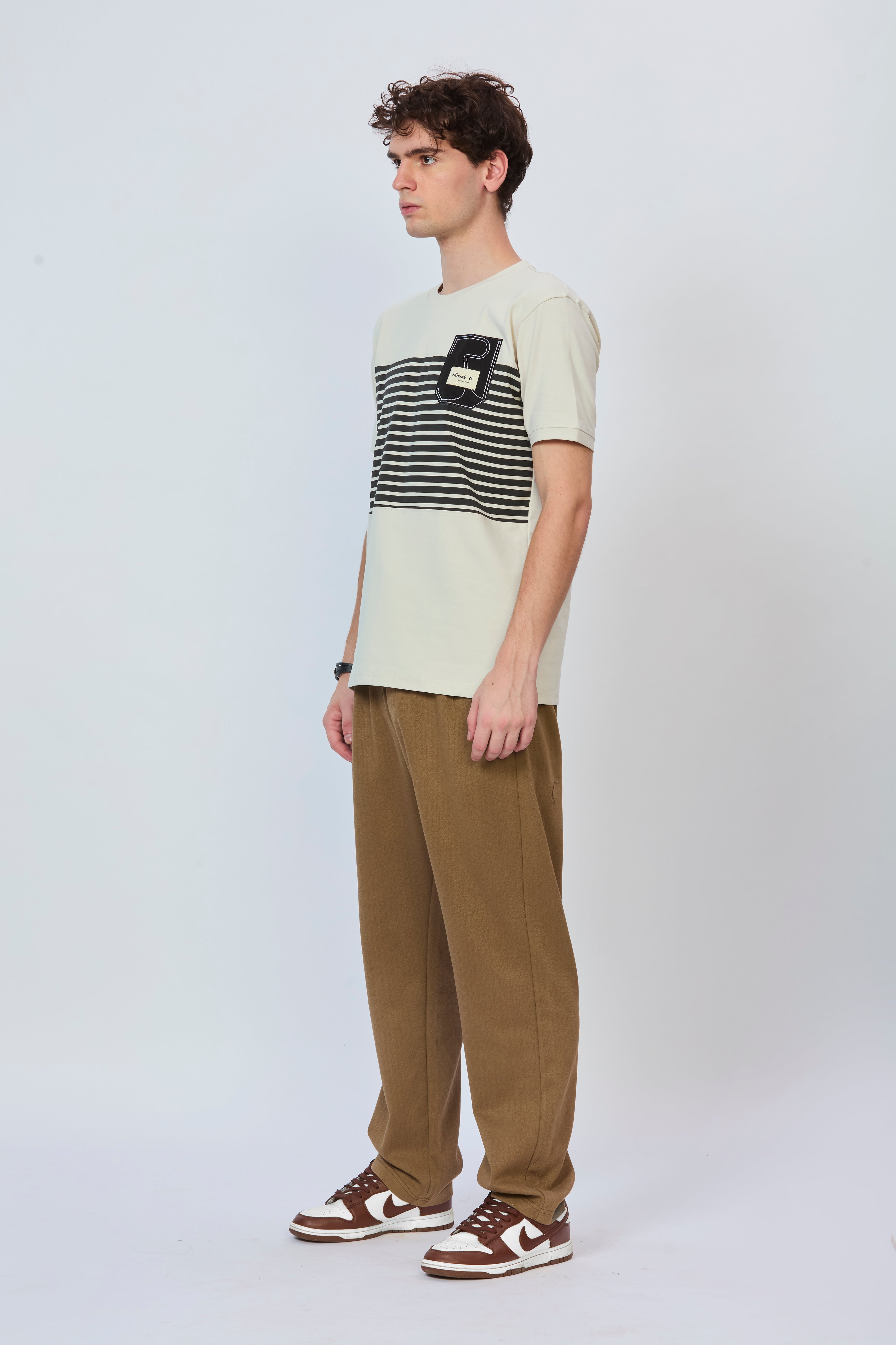 Cream T-Shirt with Black Stripe & Embroidered Pocket