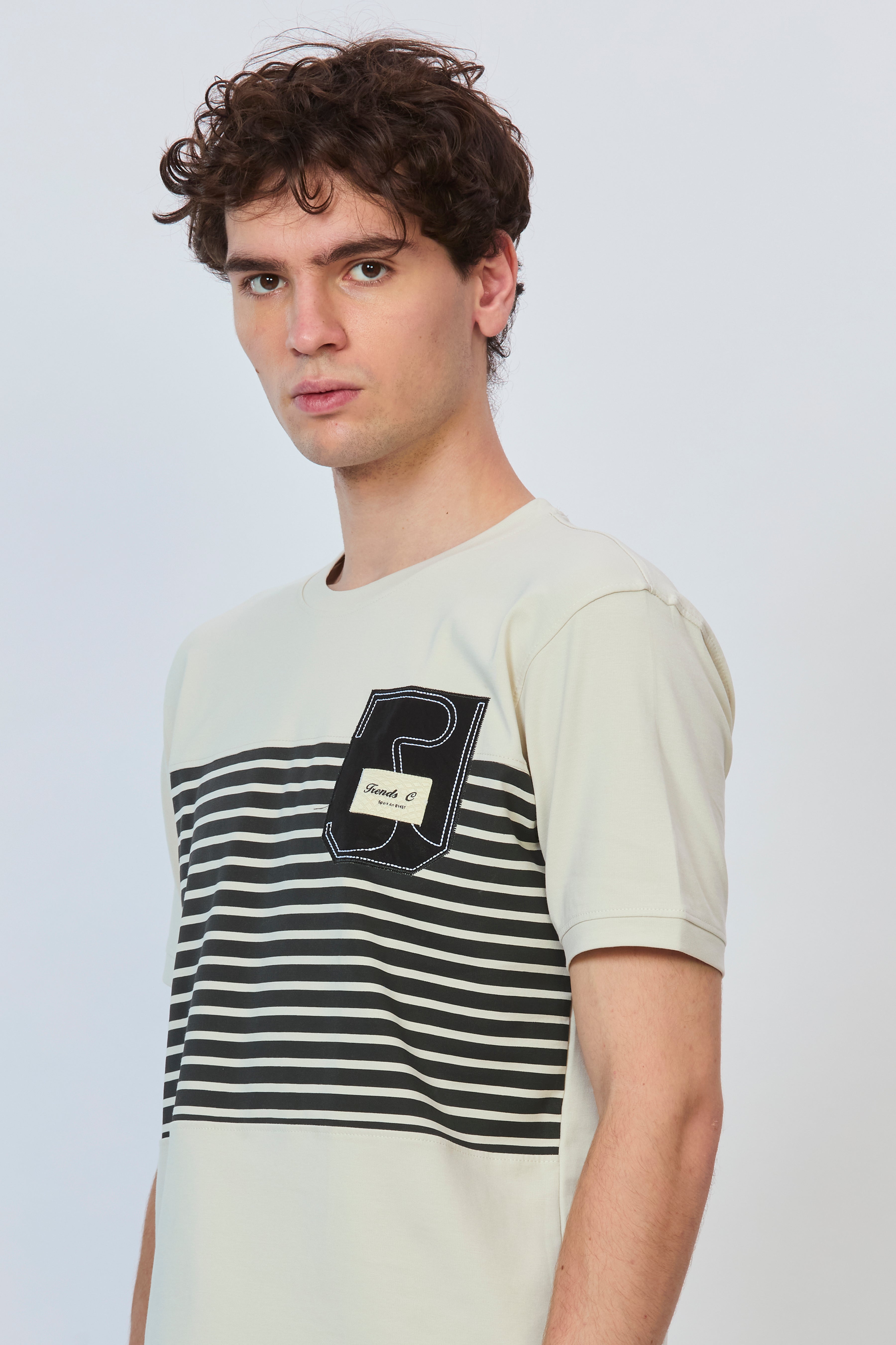 Cream T-Shirt with Black Stripe & Embroidered Pocket