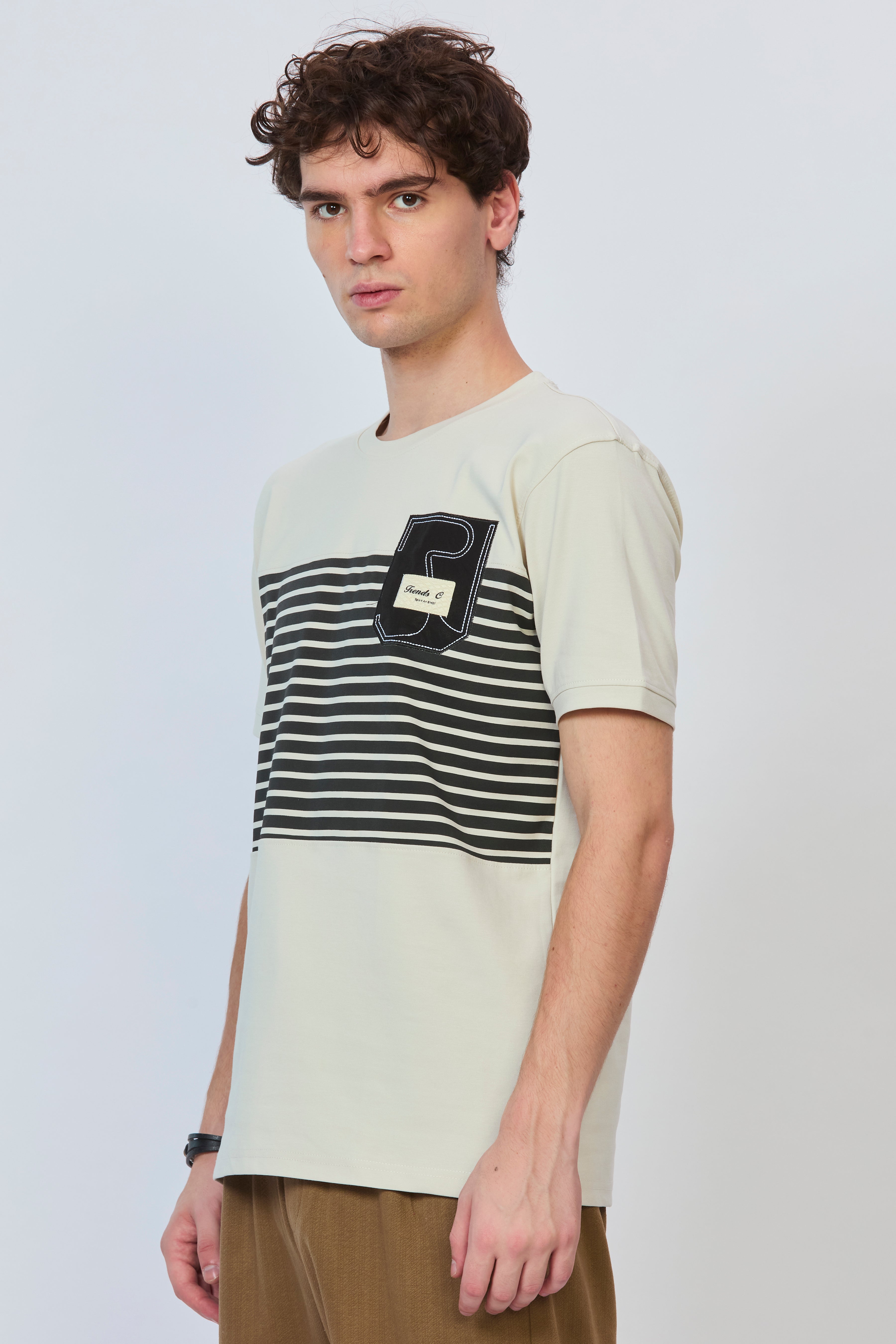 Cream T-Shirt with Black Stripe & Embroidered Pocket