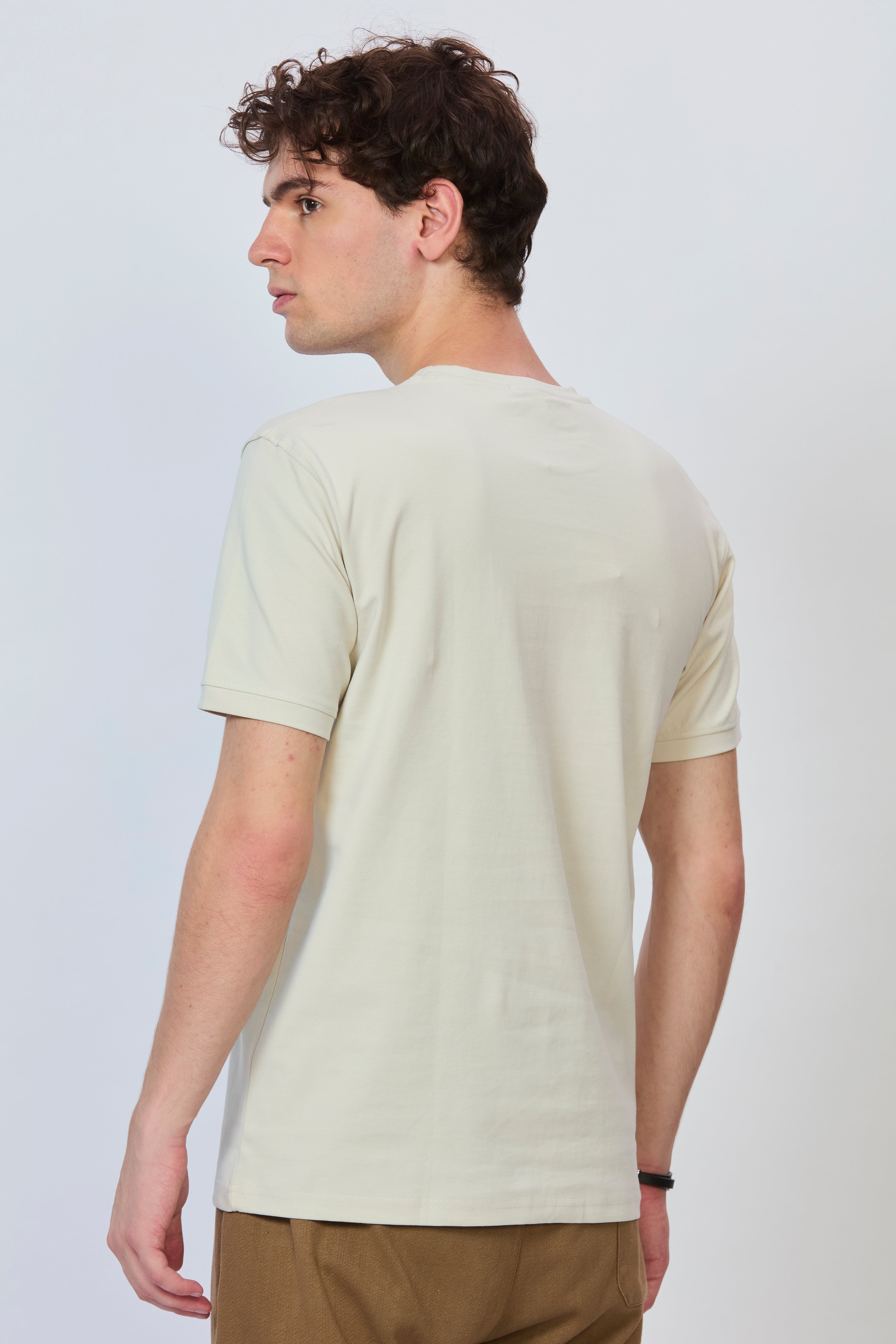 Cream T-Shirt with Black Stripe & Embroidered Pocket