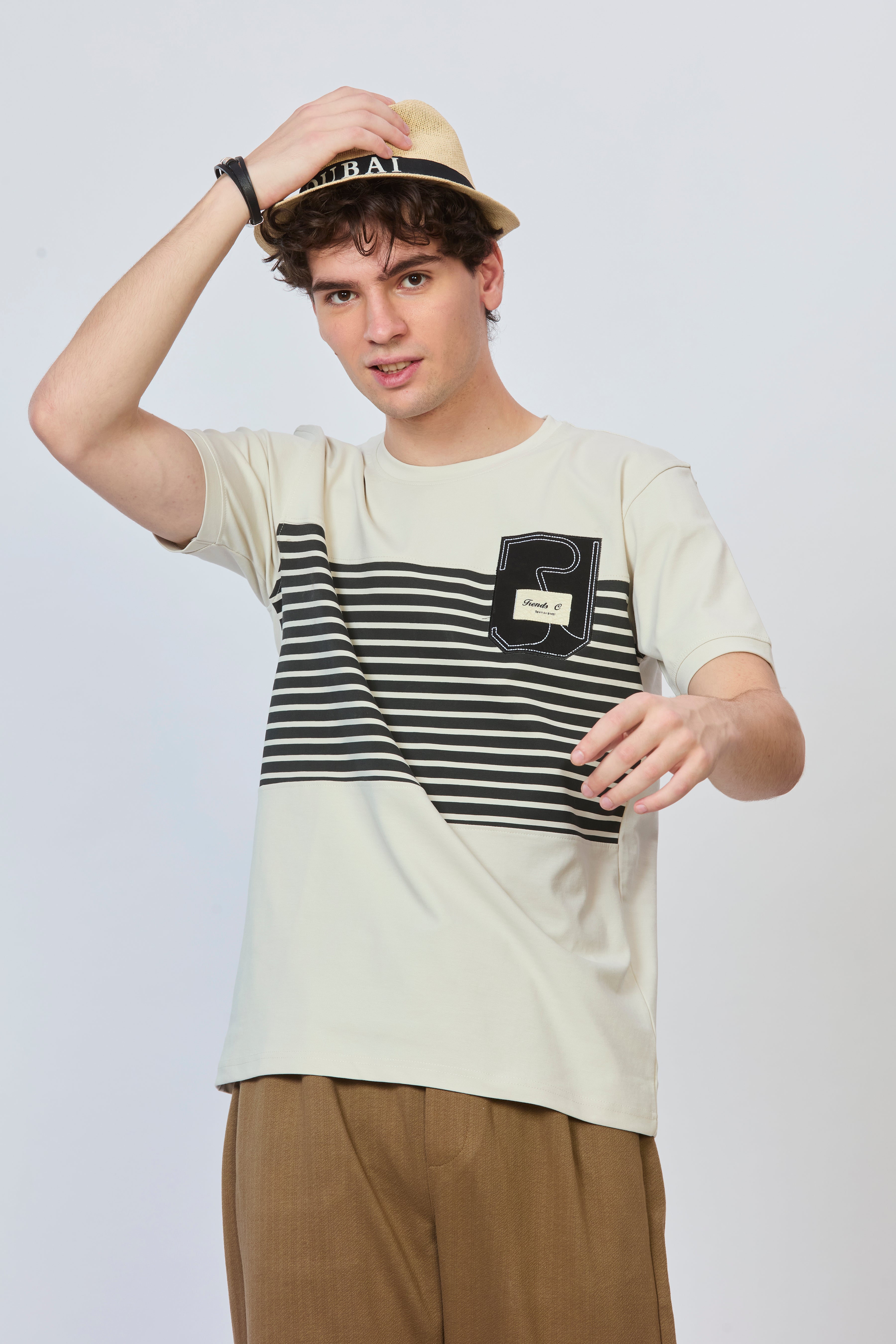 Cream T-Shirt with Black Stripe & Embroidered Pocket