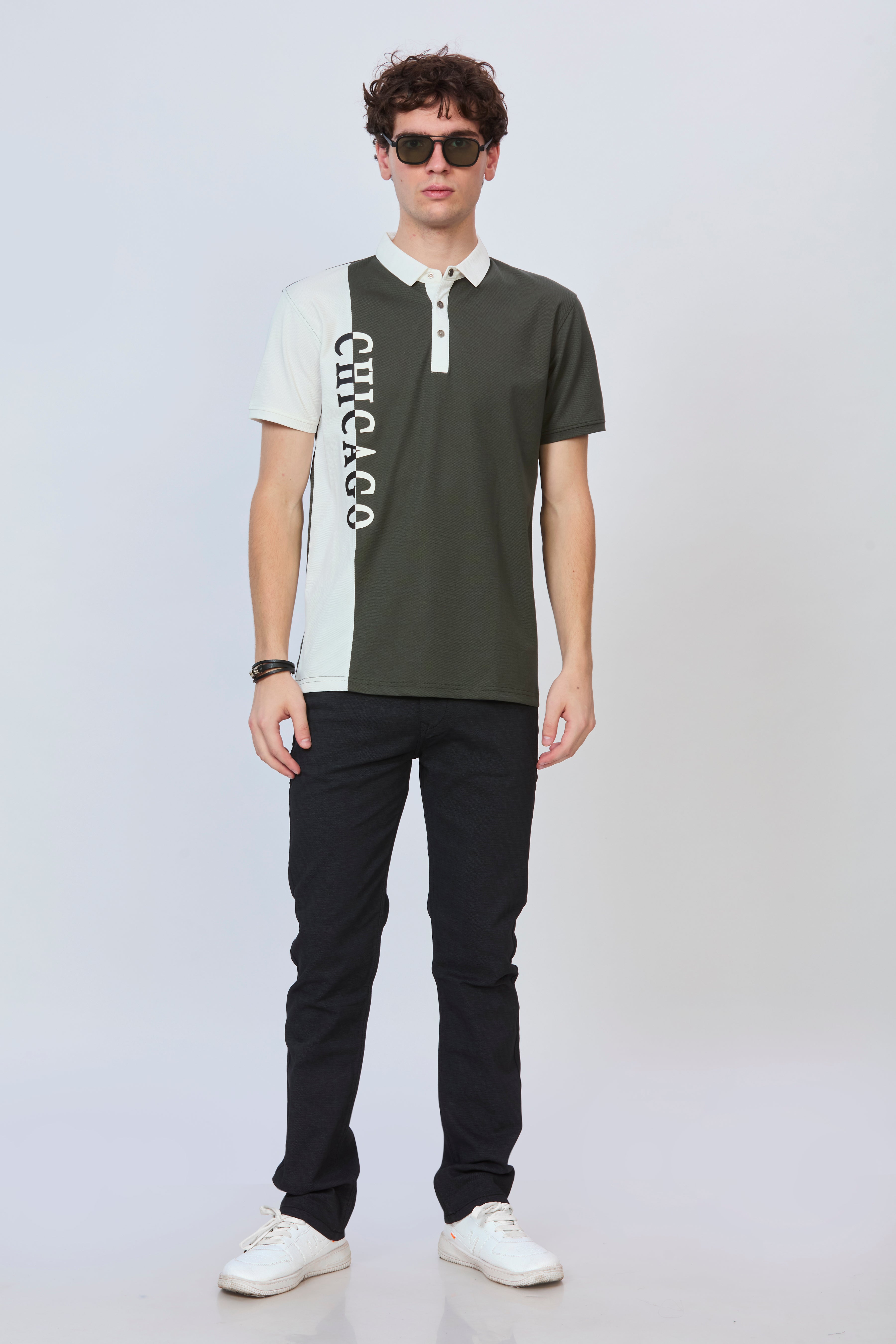 Bottle Green & White Cut & Sew Polo