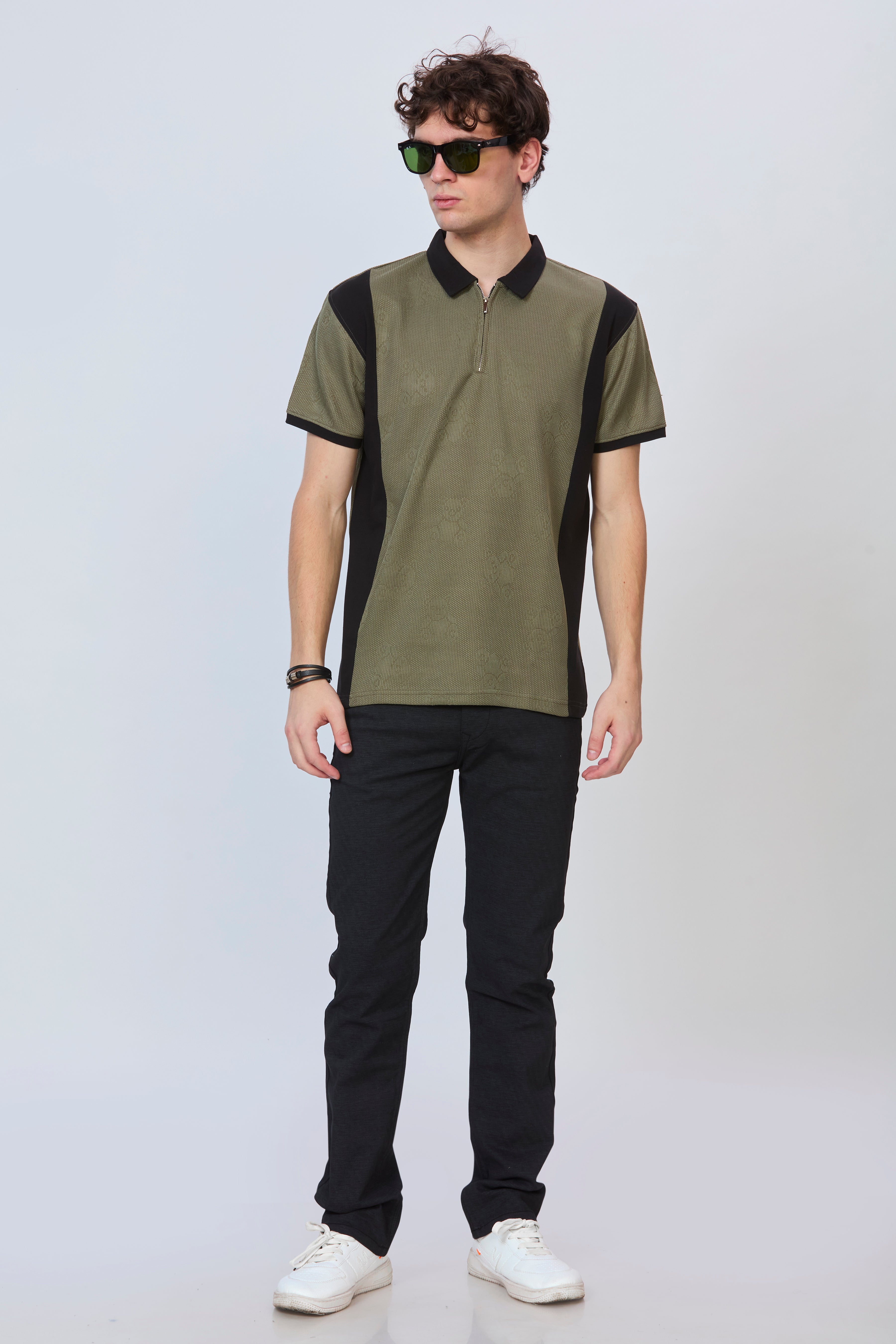 Two-Tone Textured Polo – Olive & Black