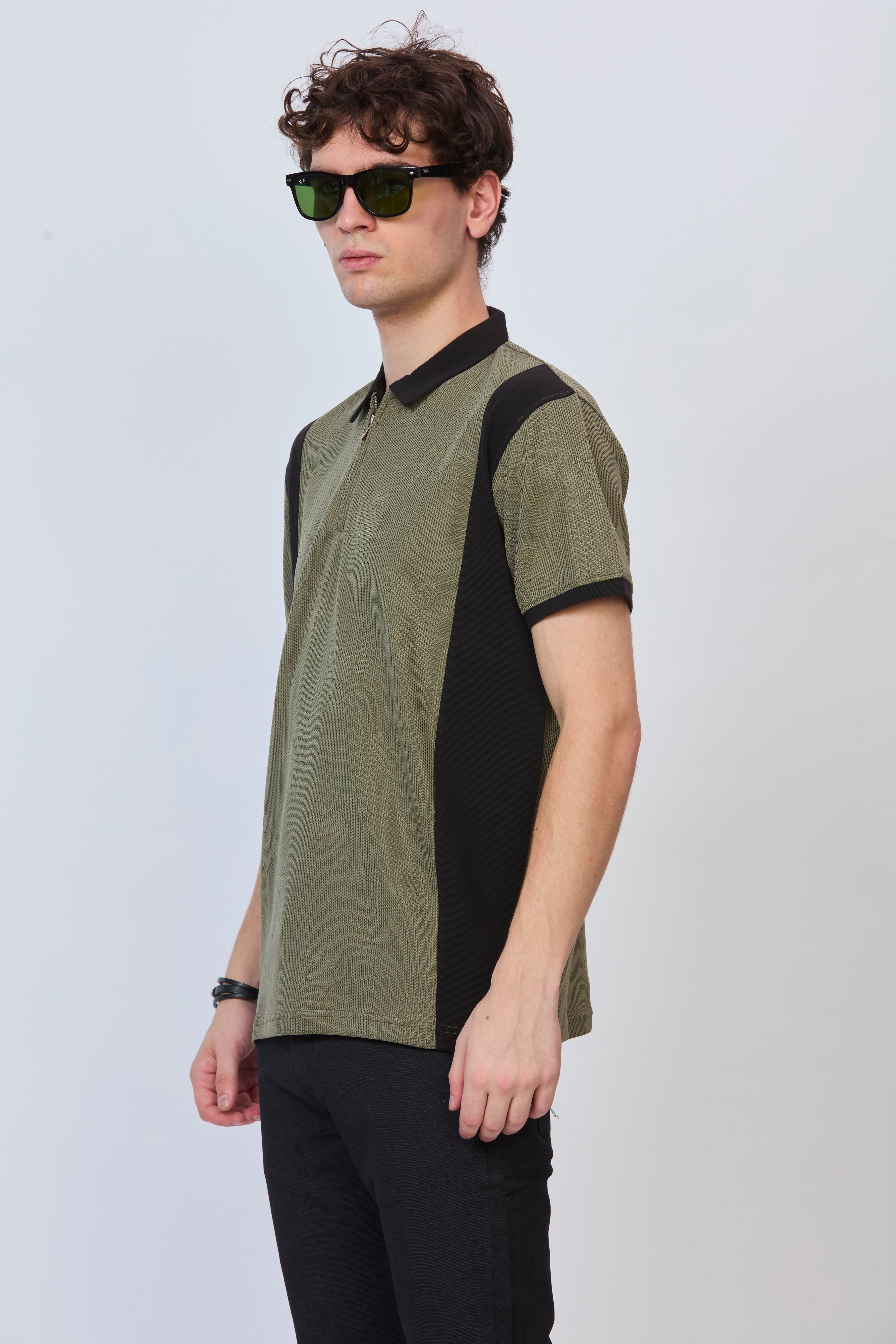 Two-Tone Textured Polo – Olive & Black