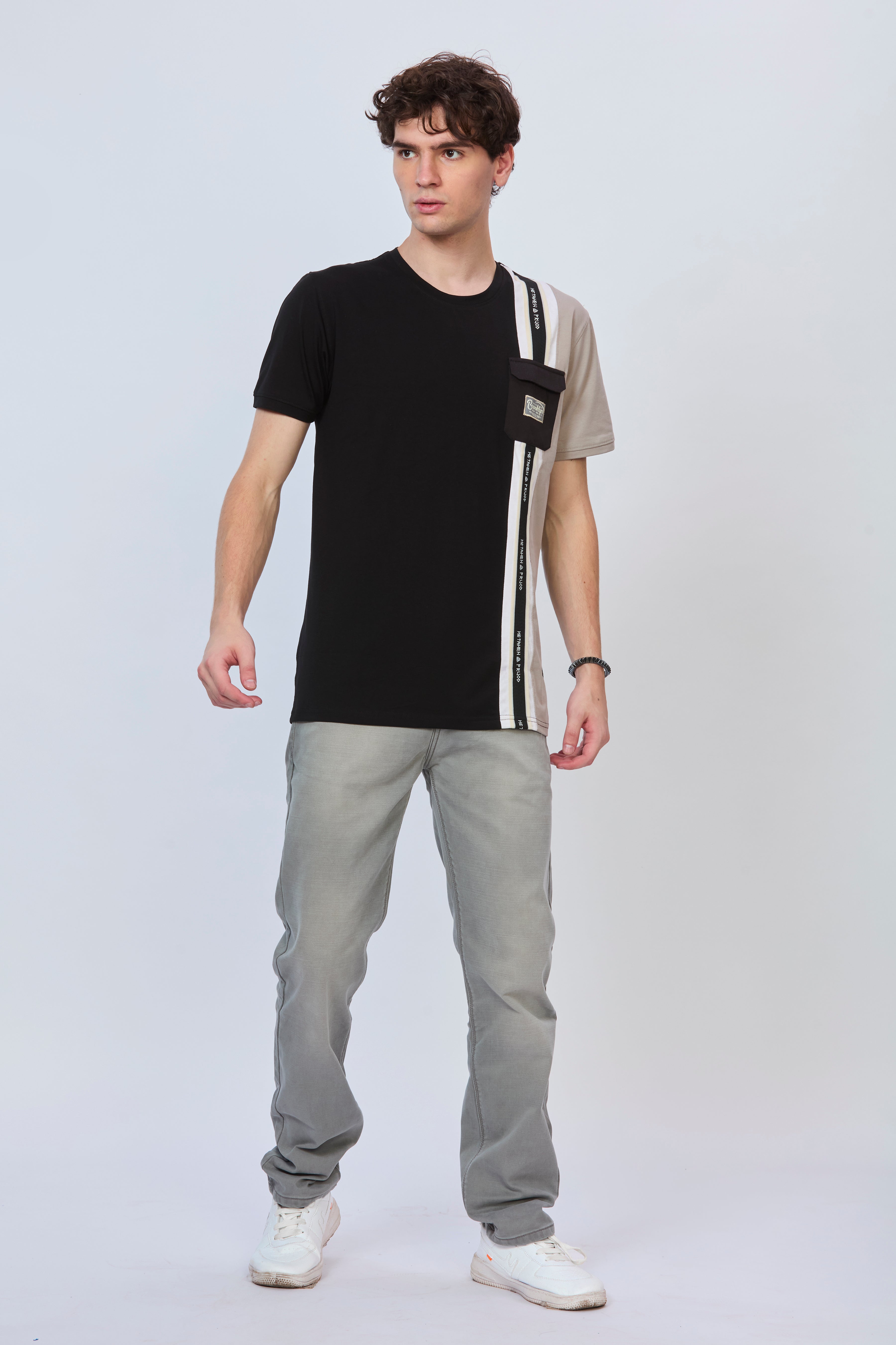 Black Cotton T-Shirt with Grey Side Cut Design