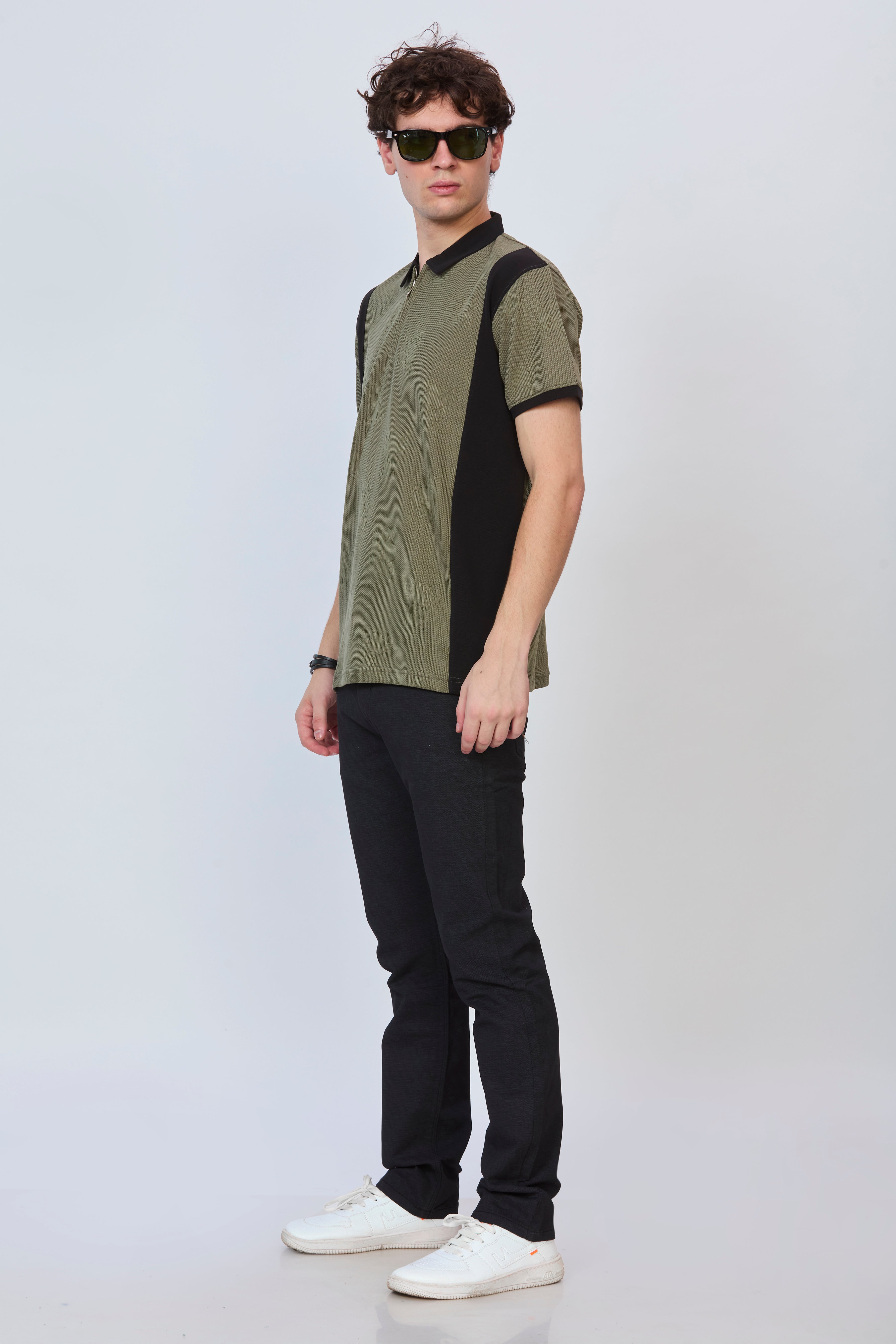 Two-Tone Textured Polo – Olive & Black