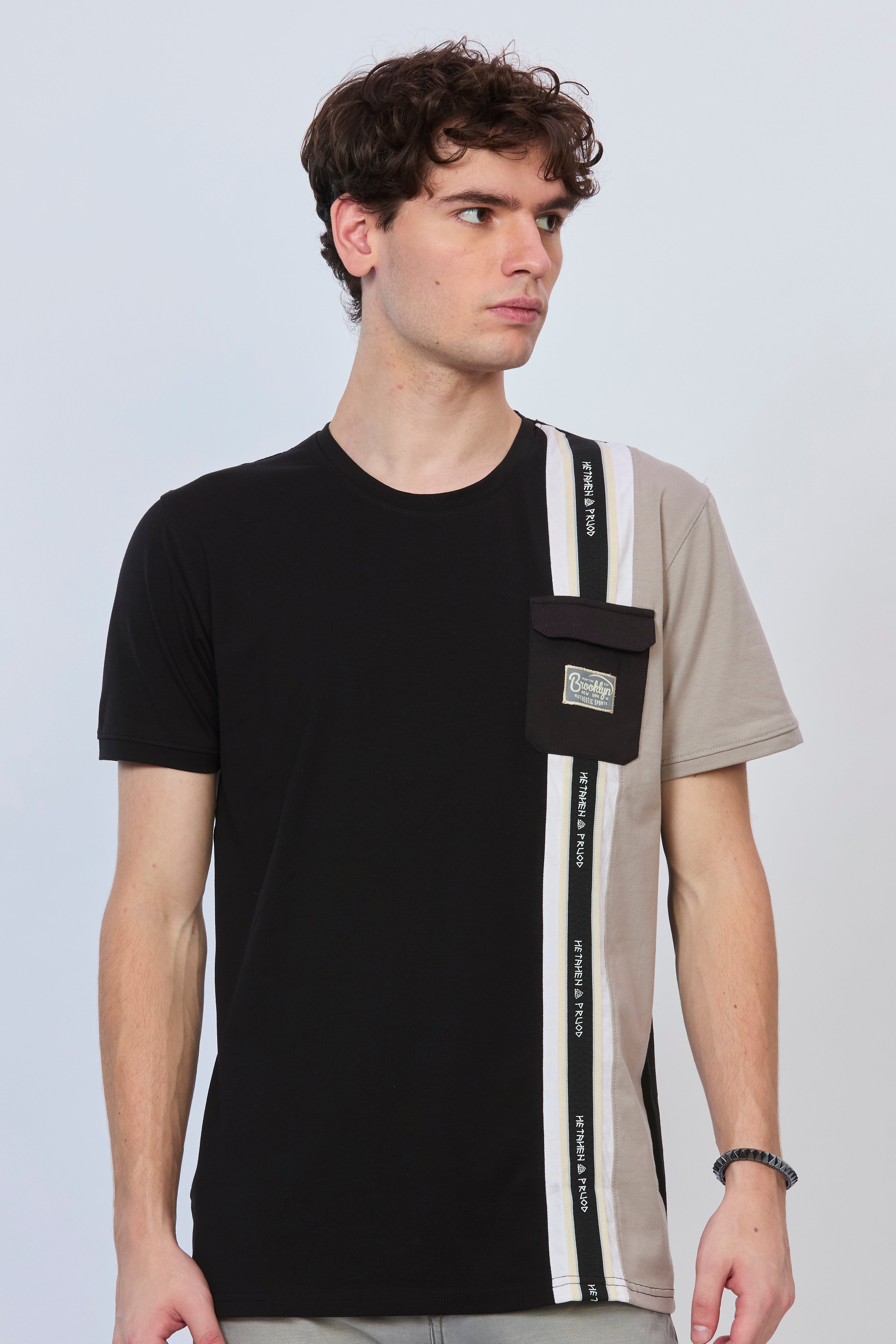 Black Cotton T-Shirt with Grey Side Cut Design