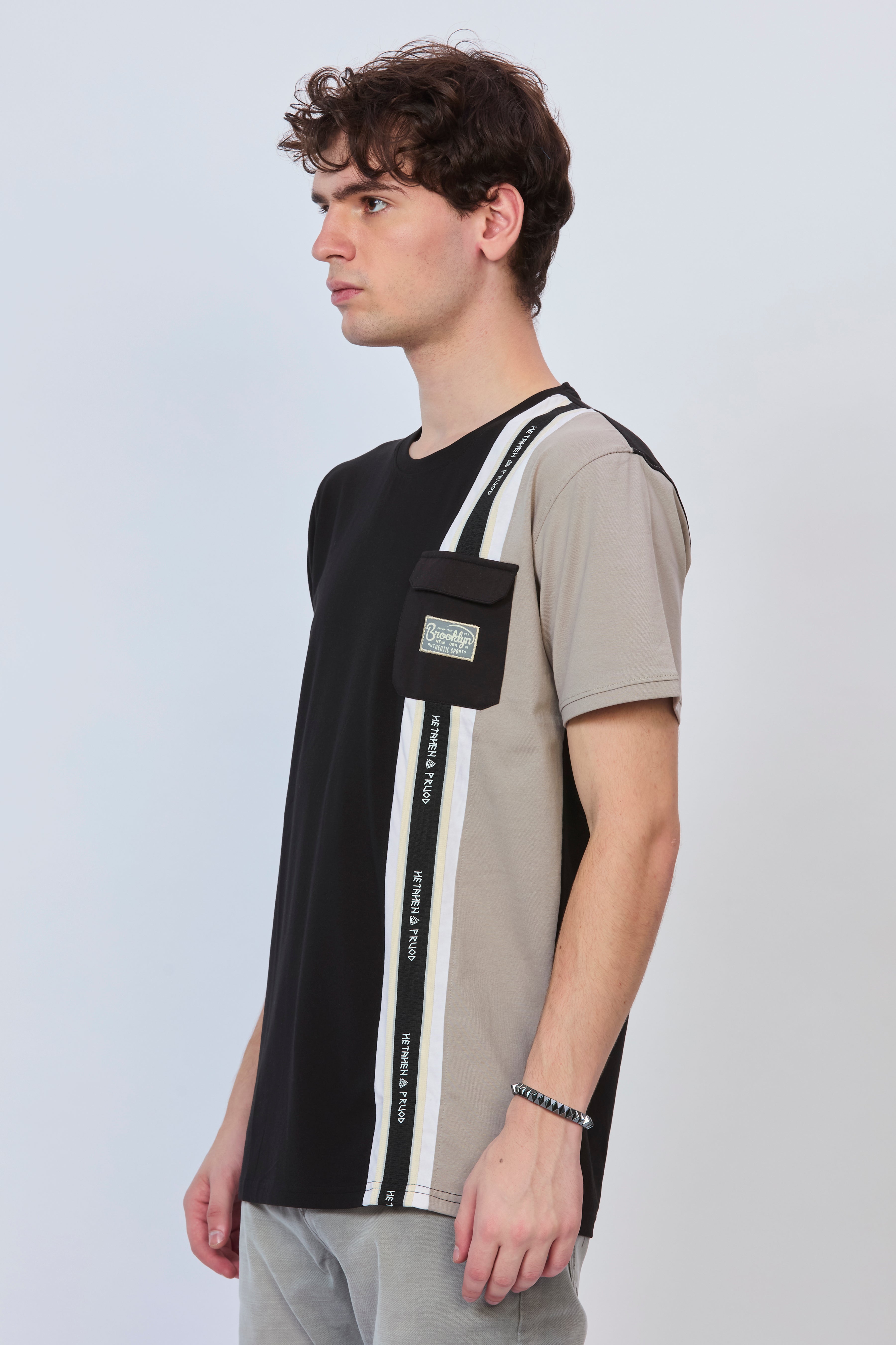 Black Cotton T-Shirt with Grey Side Cut Design