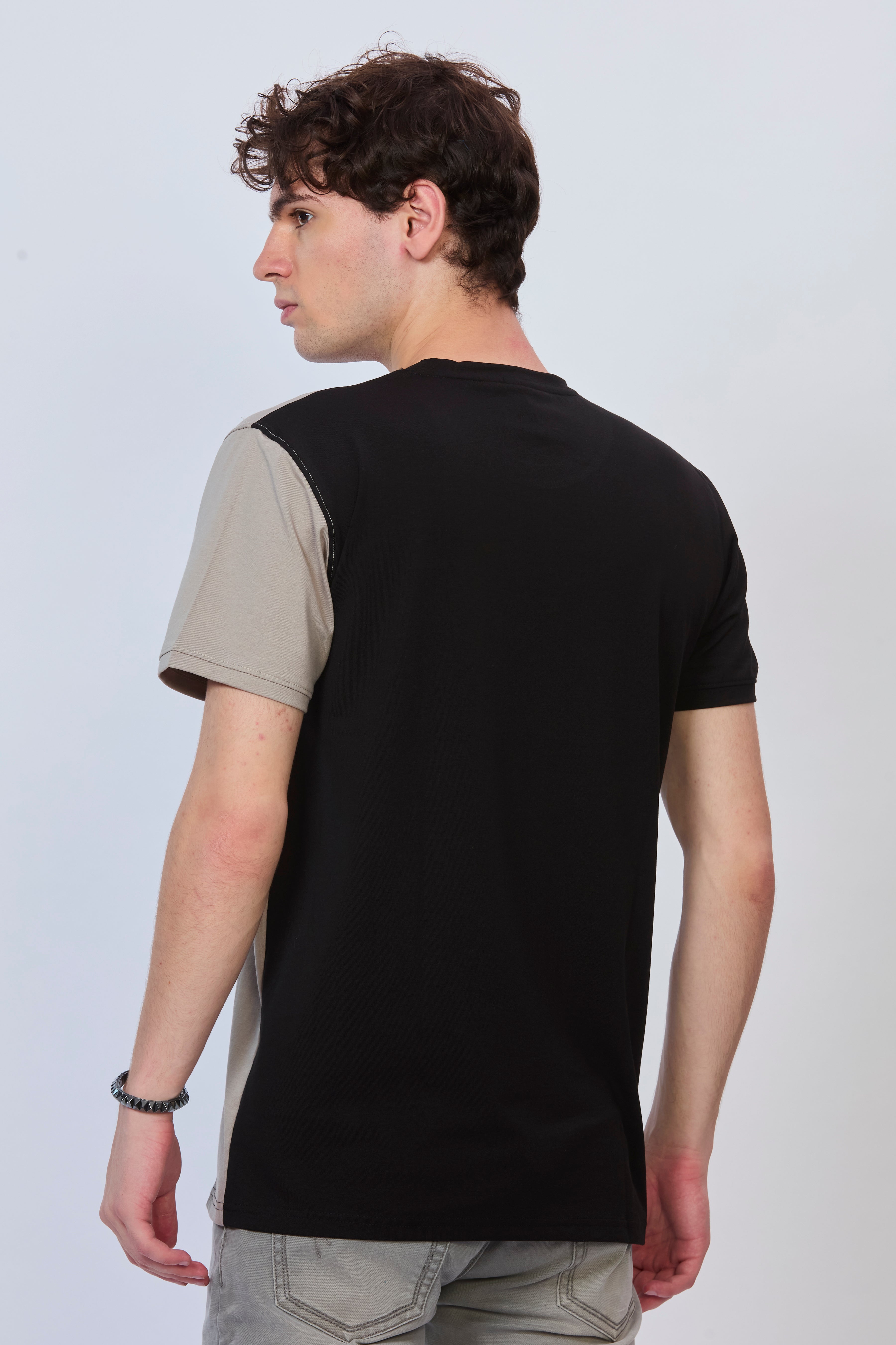Black Cotton T-Shirt with Grey Side Cut Design