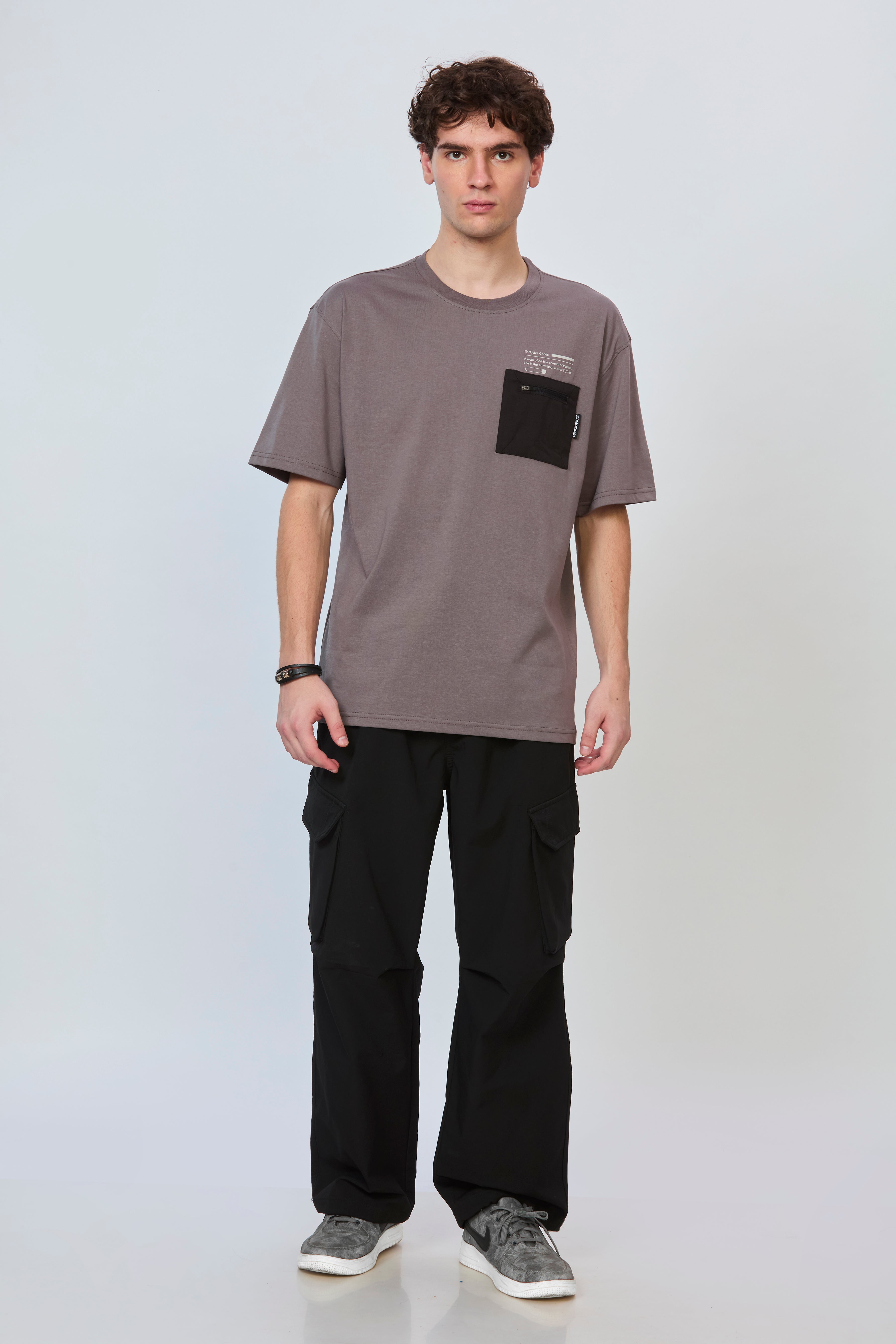 Grey Oversized T-Shirt with Black Pocket