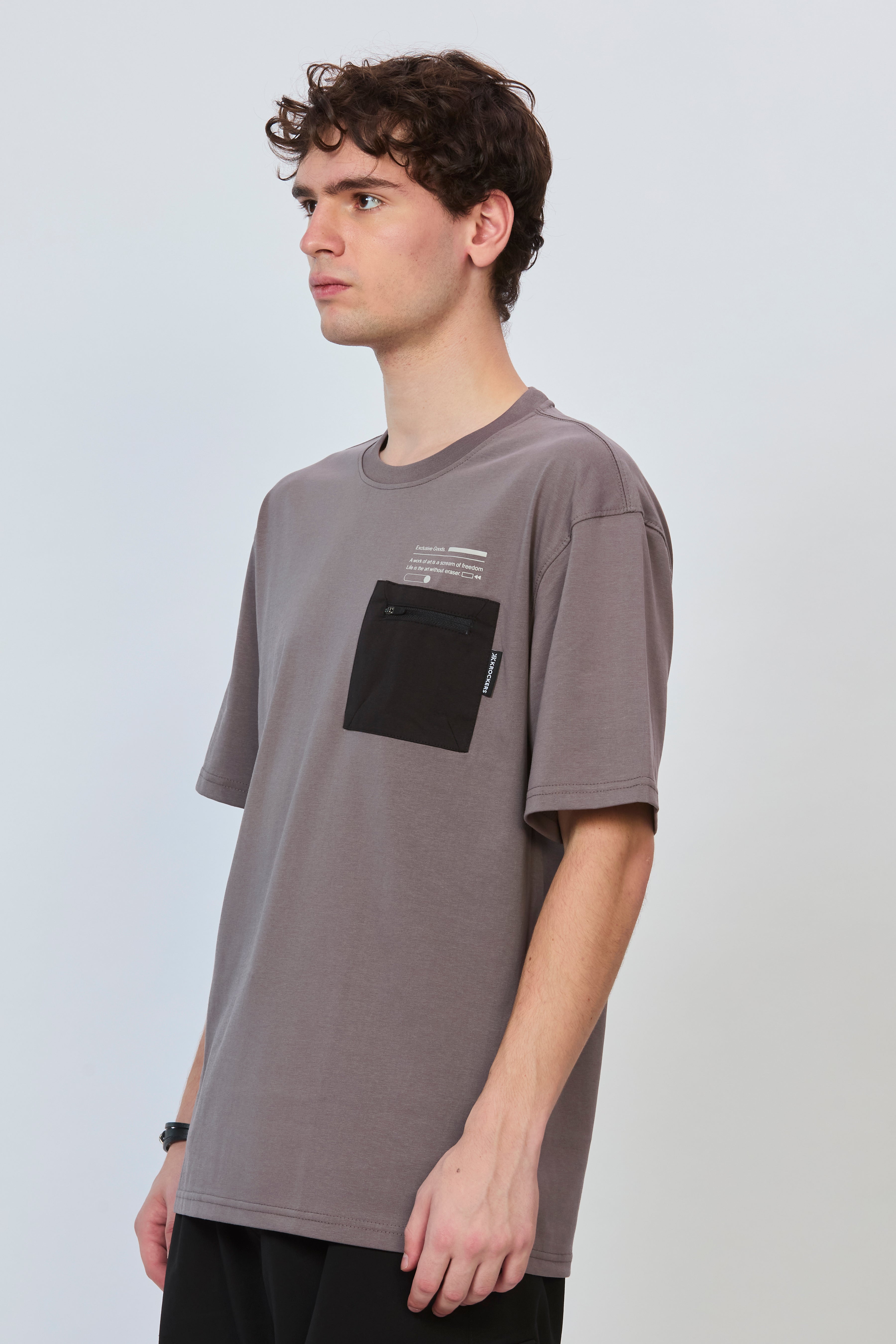 Grey Oversized T-Shirt with Black Pocket
