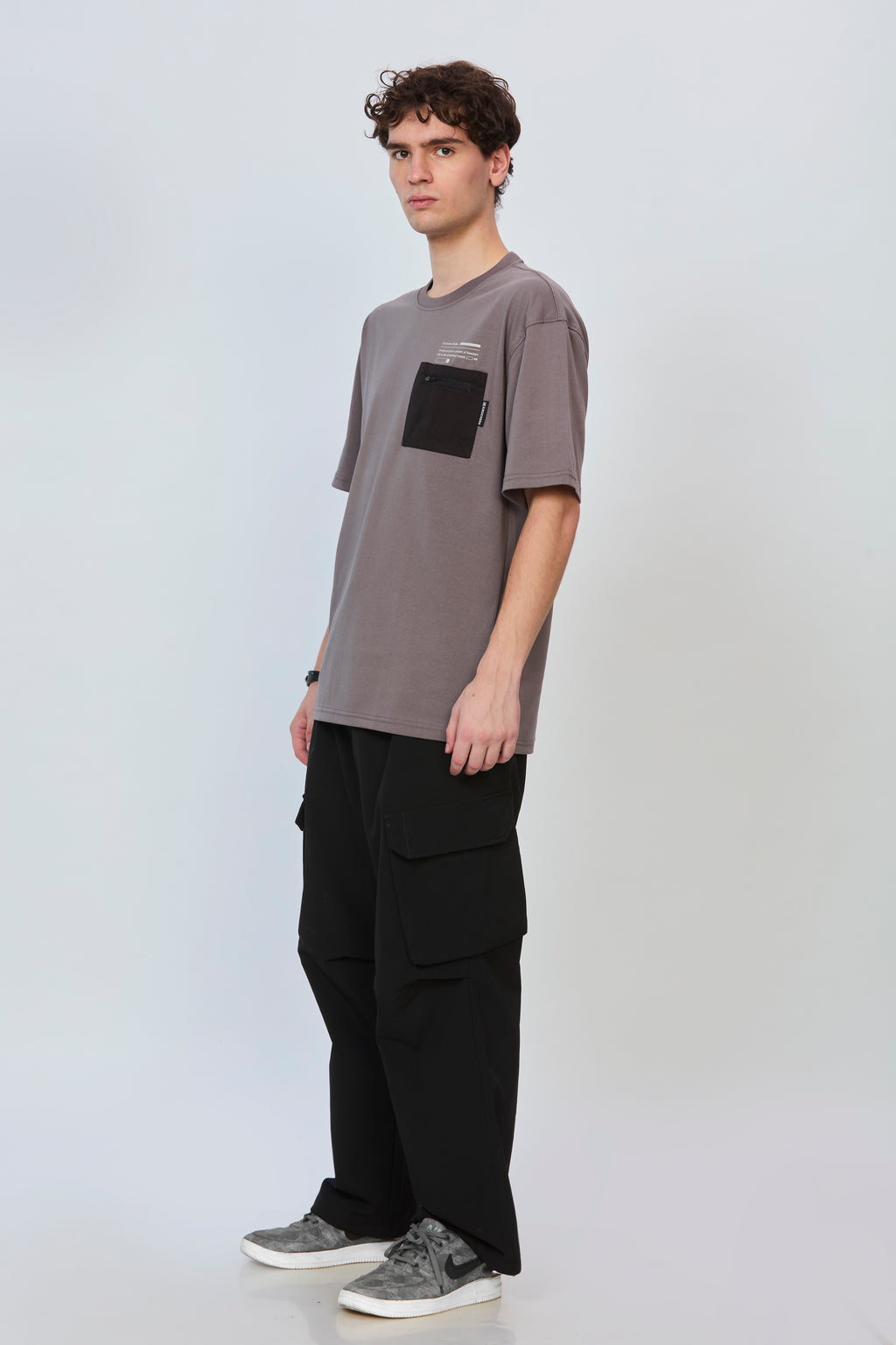 Grey Oversized T-Shirt with Black Pocket