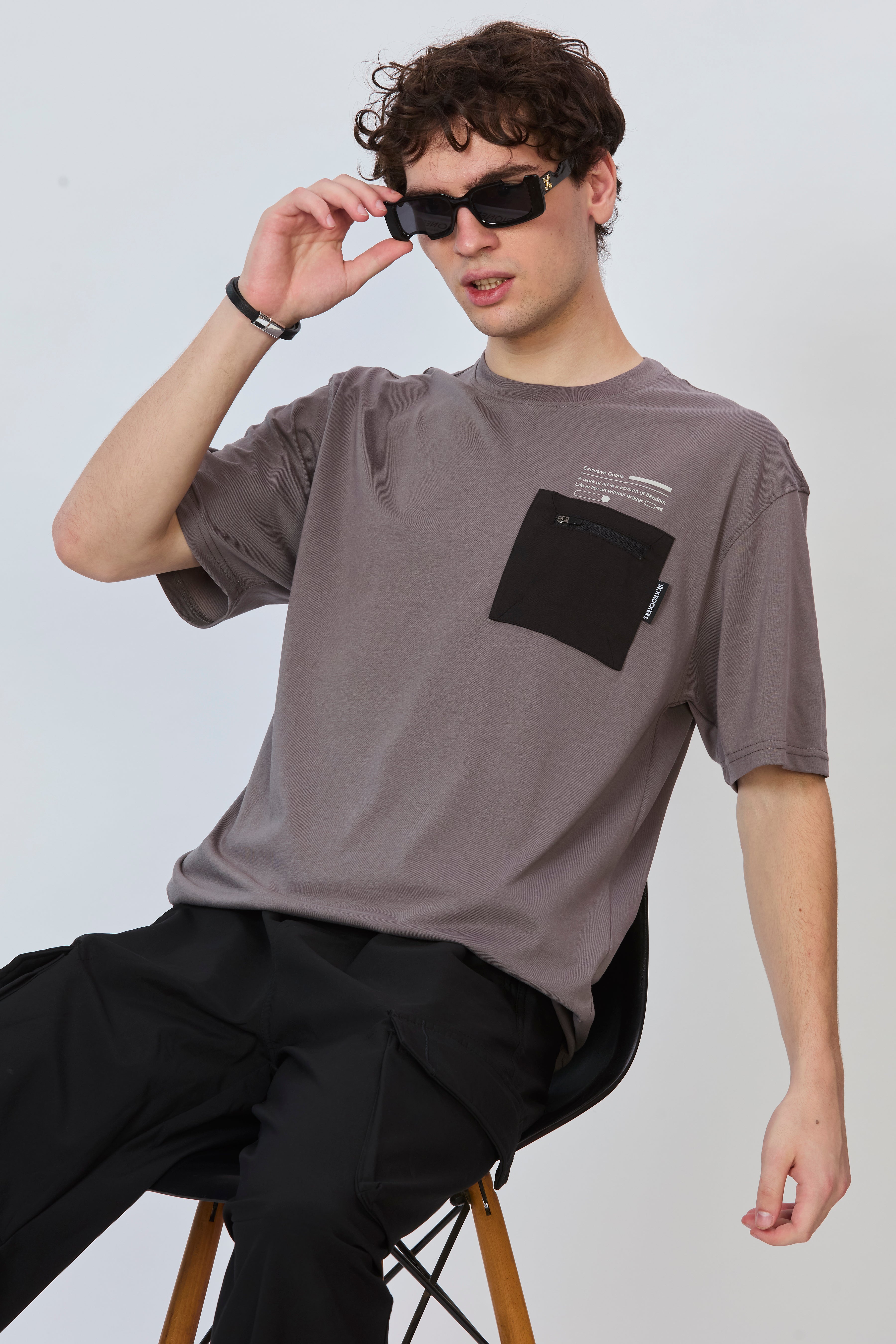Grey Oversized T-Shirt with Black Pocket
