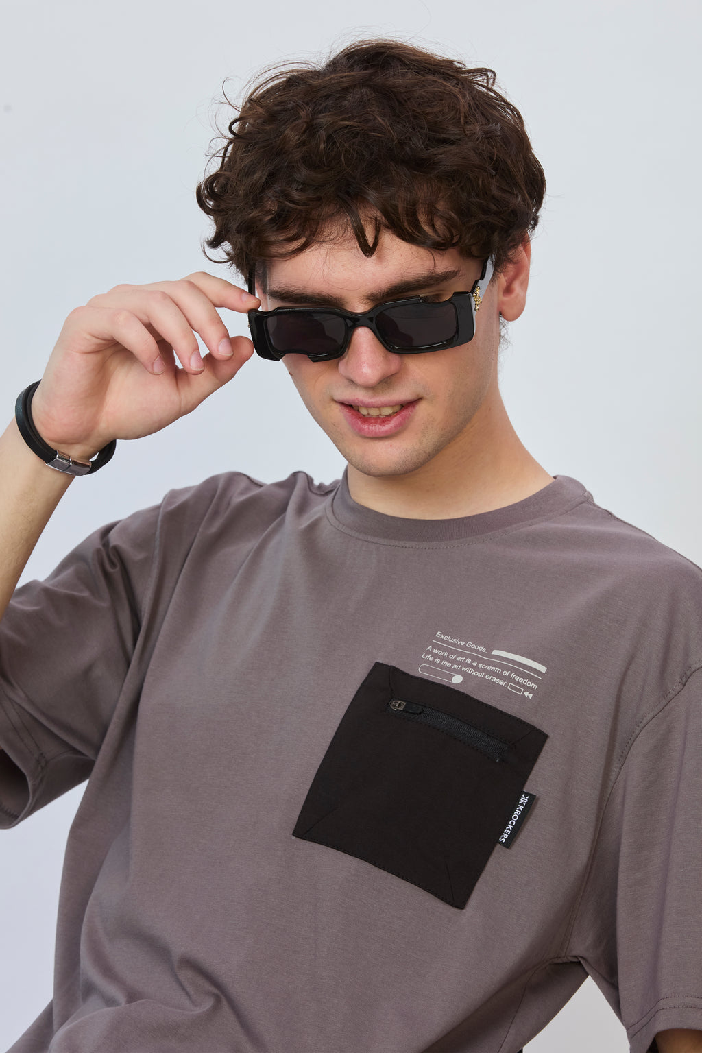 Grey Oversized T-Shirt with Black Pocket