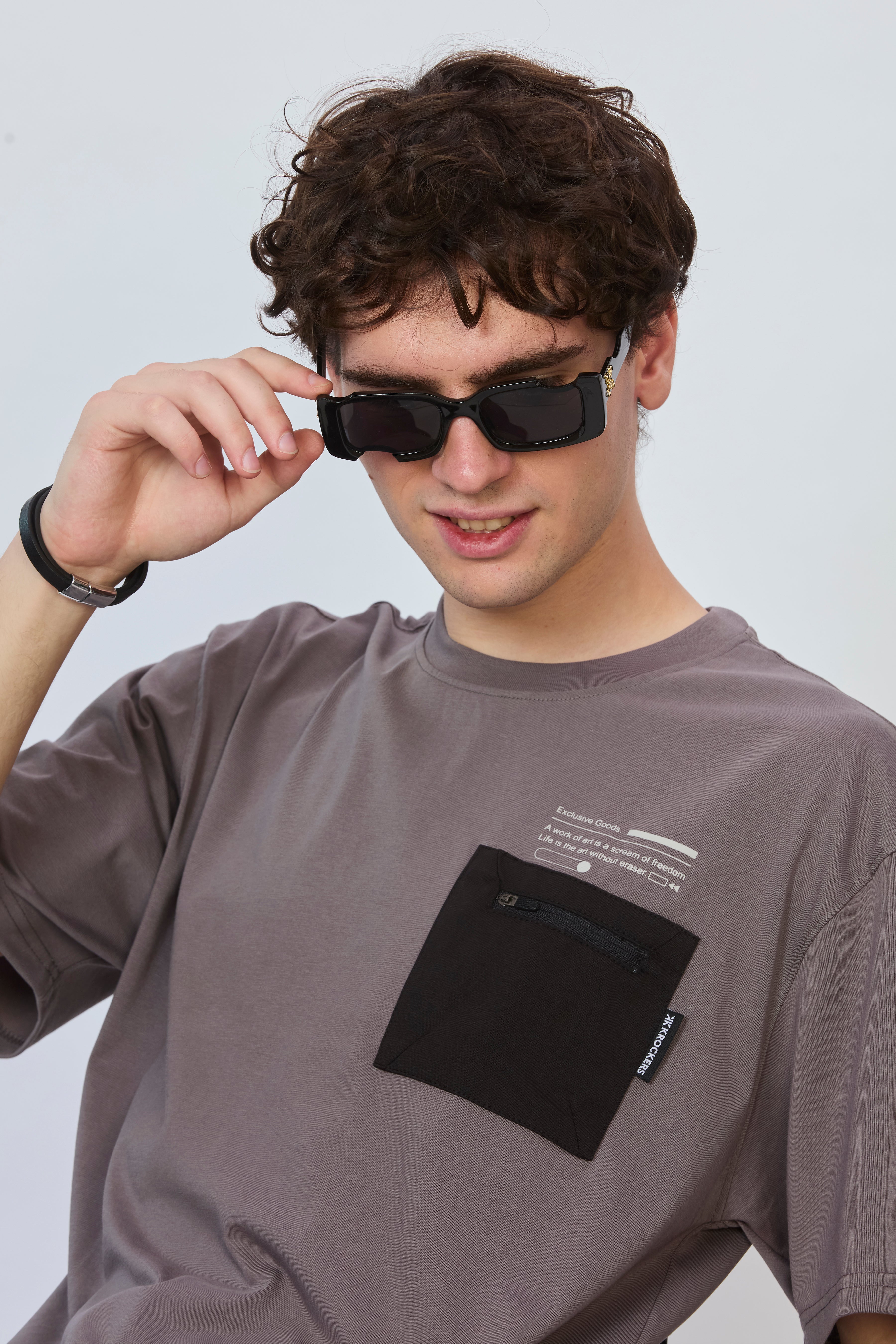 Grey Oversized T-Shirt with Black Pocket