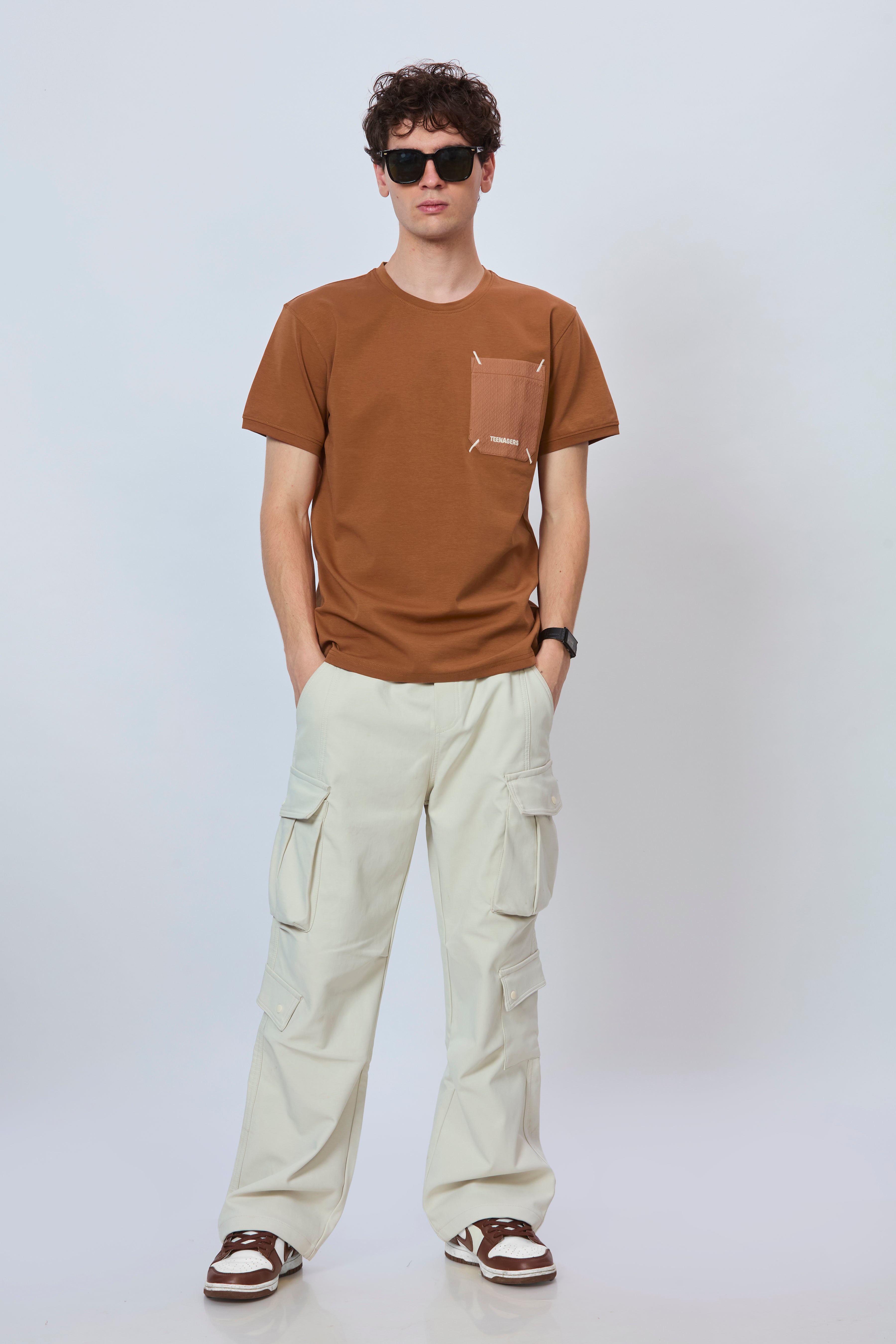 Minimalist Rust Cotton Tee with Pocket Design