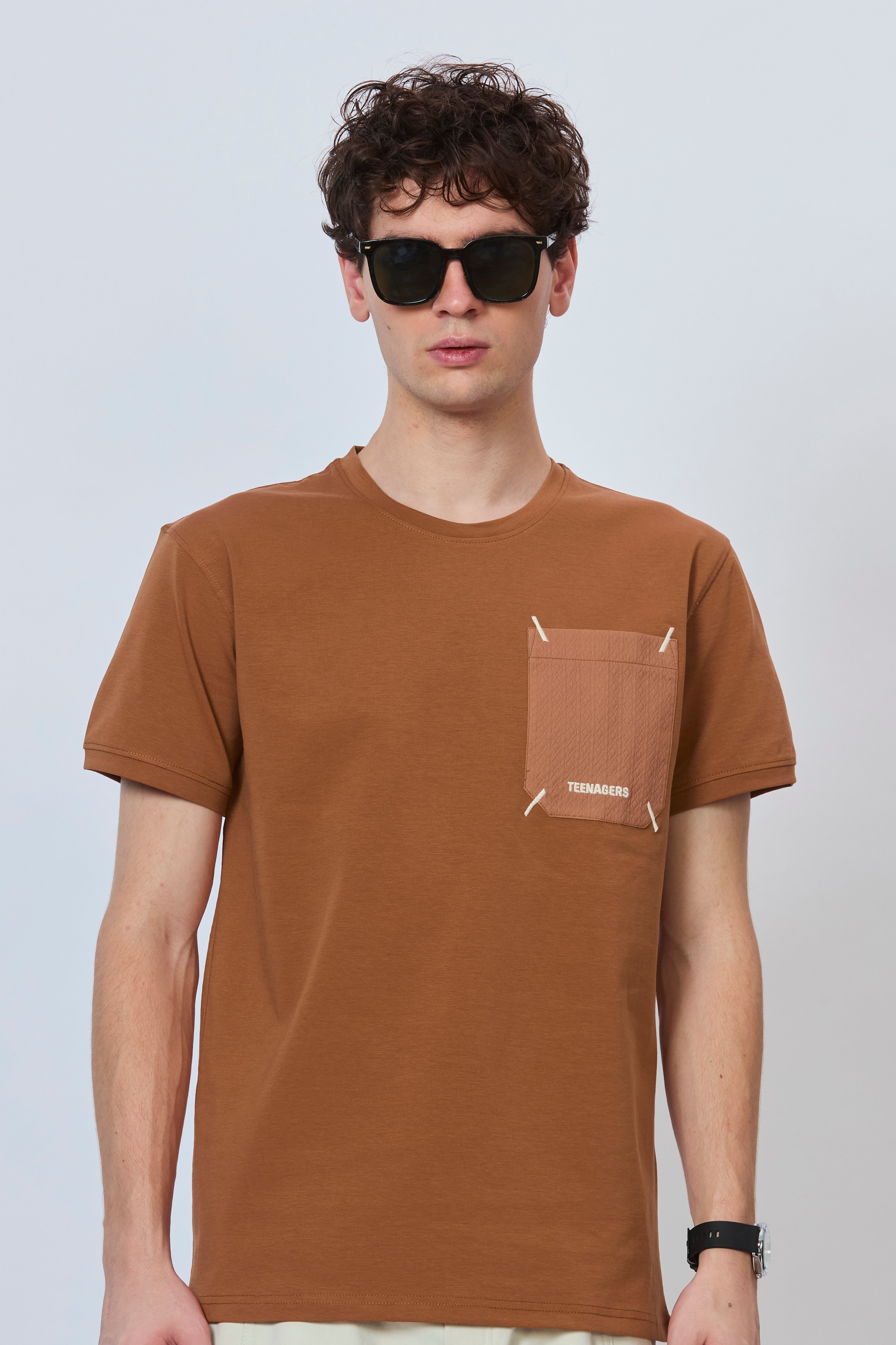 Minimalist Rust Cotton Tee with Pocket Design