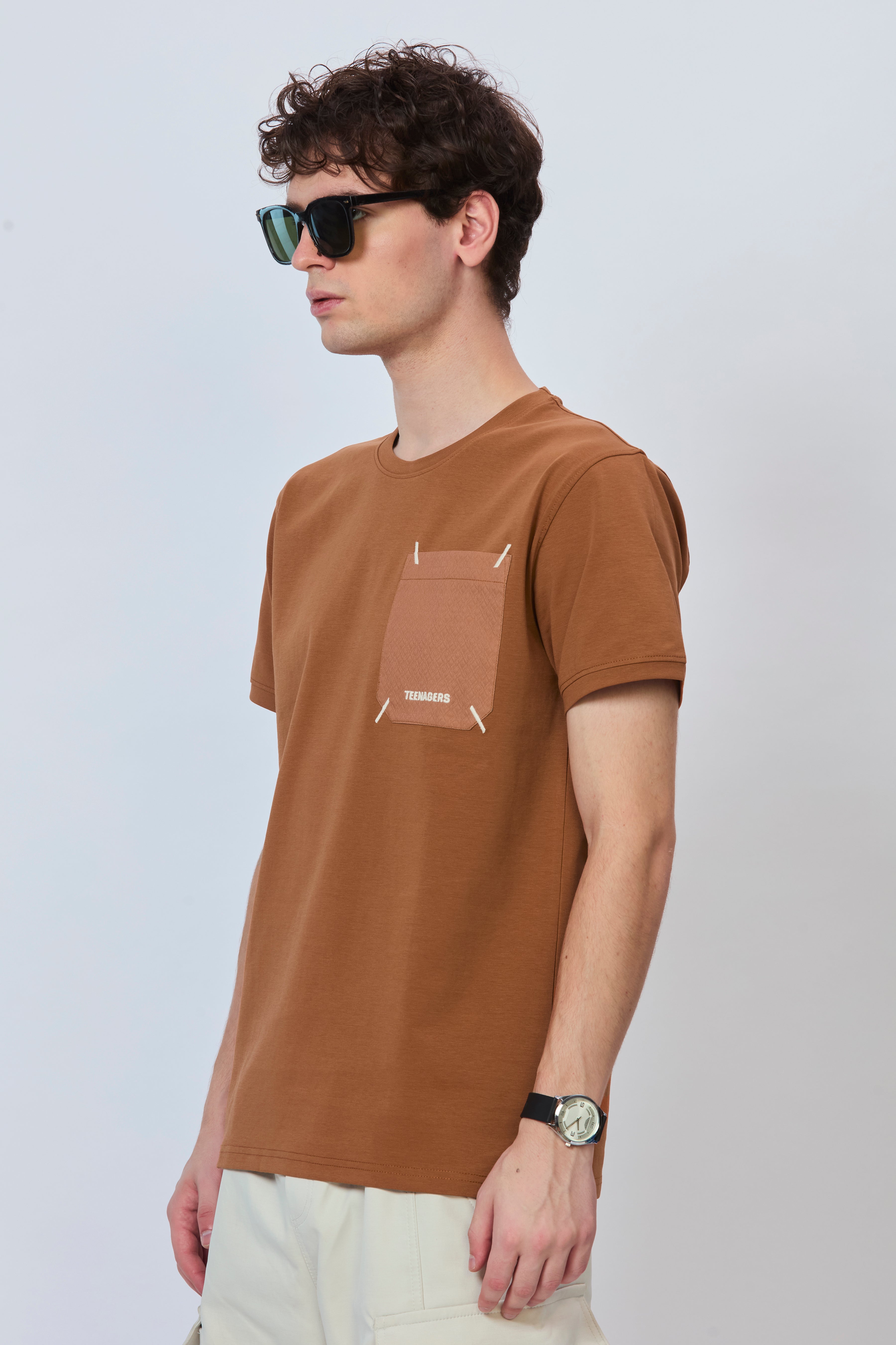 Minimalist Rust Cotton Tee with Pocket Design