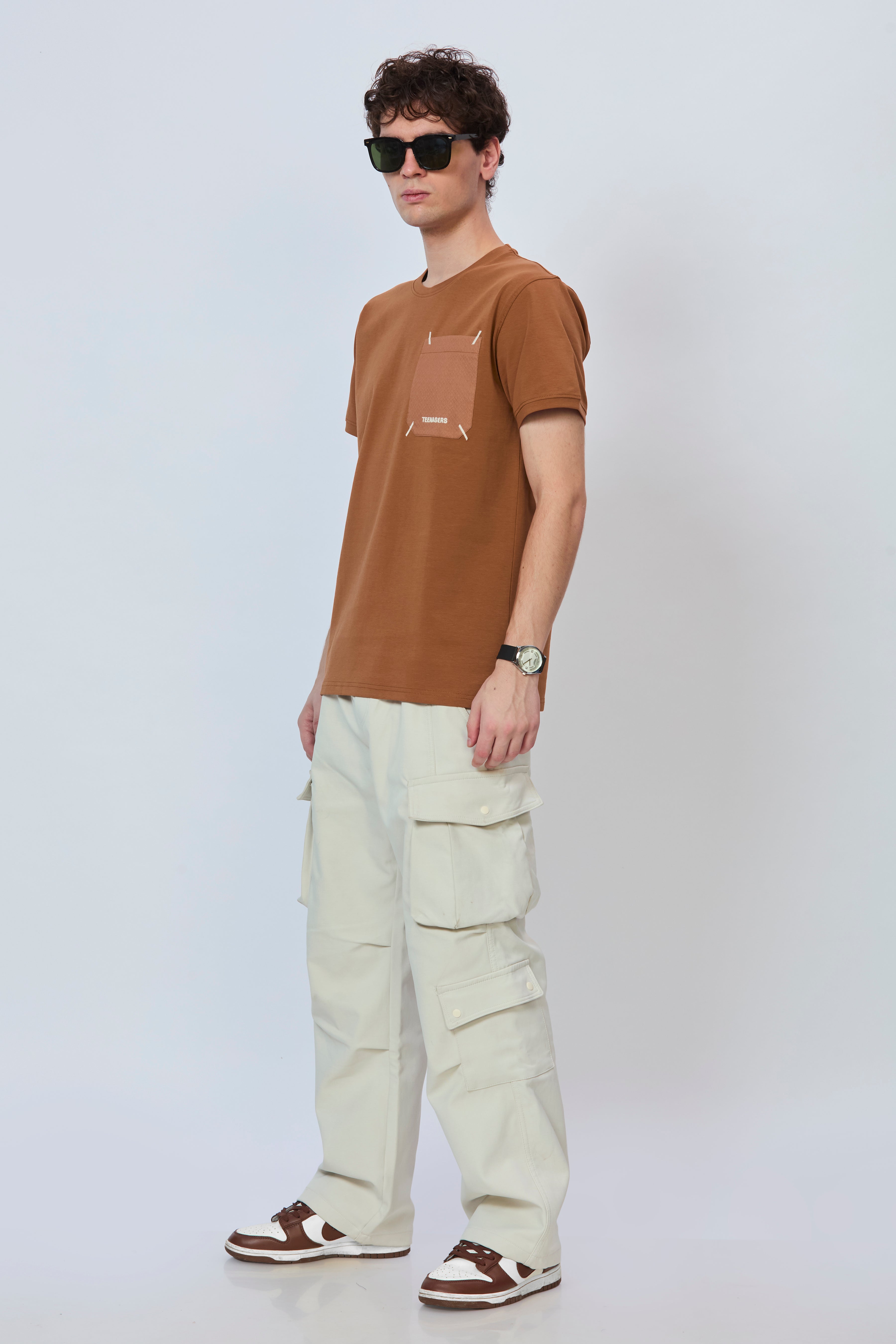 Minimalist Rust Cotton Tee with Pocket Design