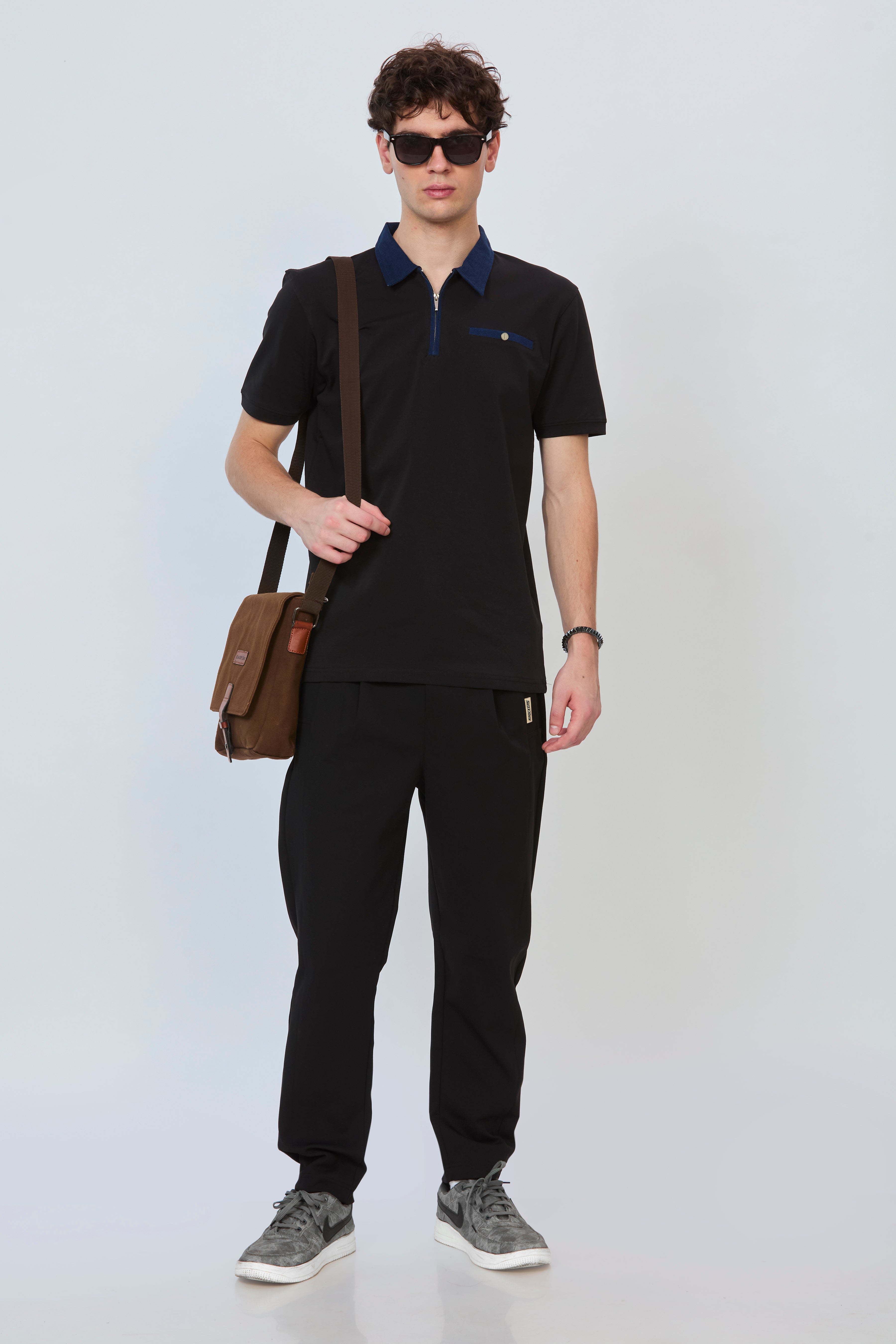 Black Statement Polo with Denim Trim & Functional Zipper