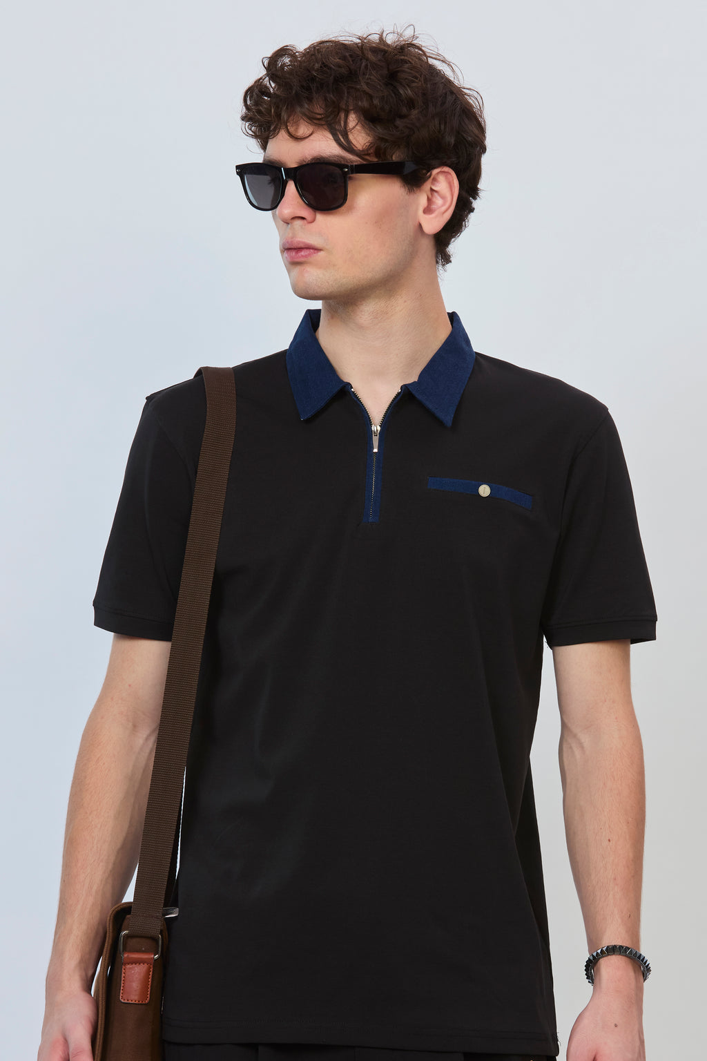 Black Statement Polo with Denim Trim & Functional Zipper