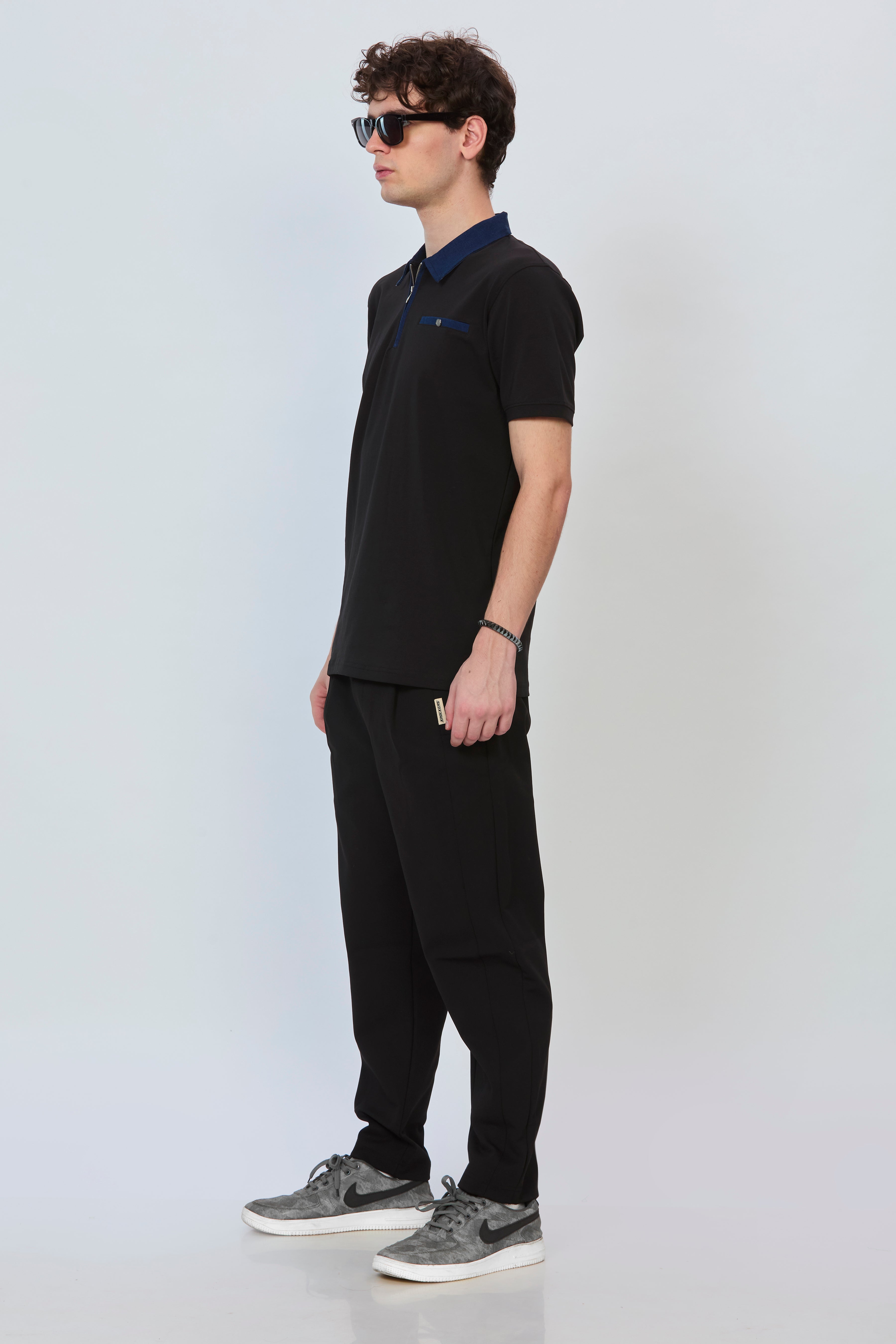 Black Statement Polo with Denim Trim & Functional Zipper