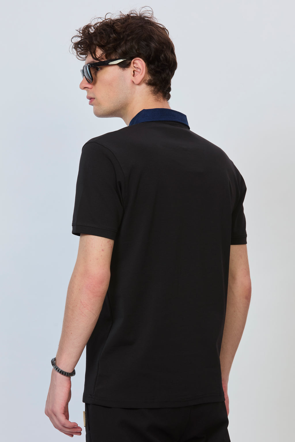 Black Statement Polo with Denim Trim & Functional Zipper