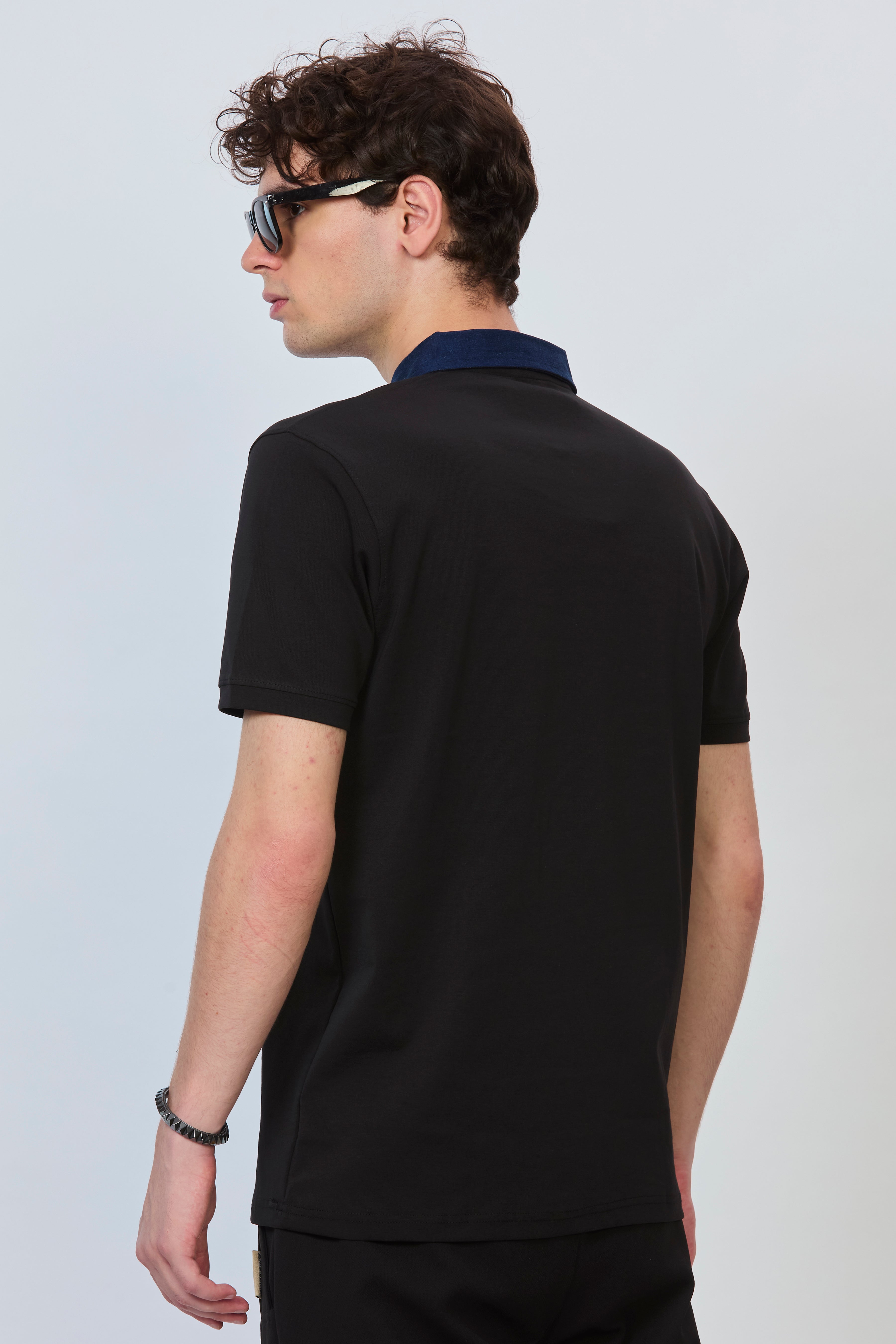 Black Statement Polo with Denim Trim & Functional Zipper