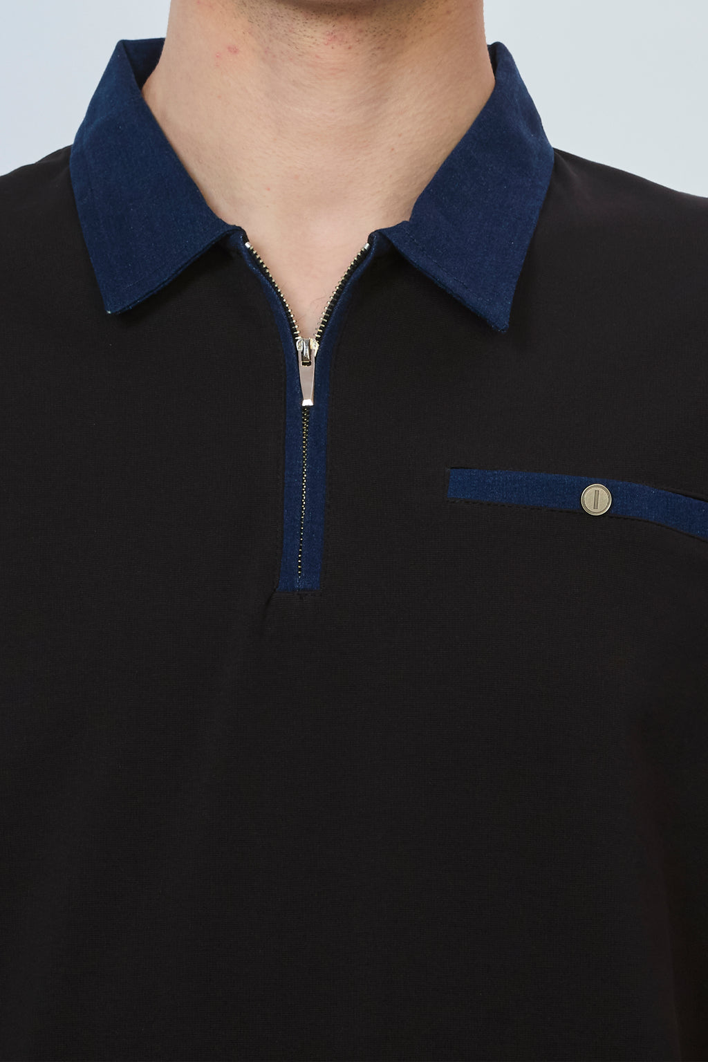 Black Statement Polo with Denim Trim & Functional Zipper