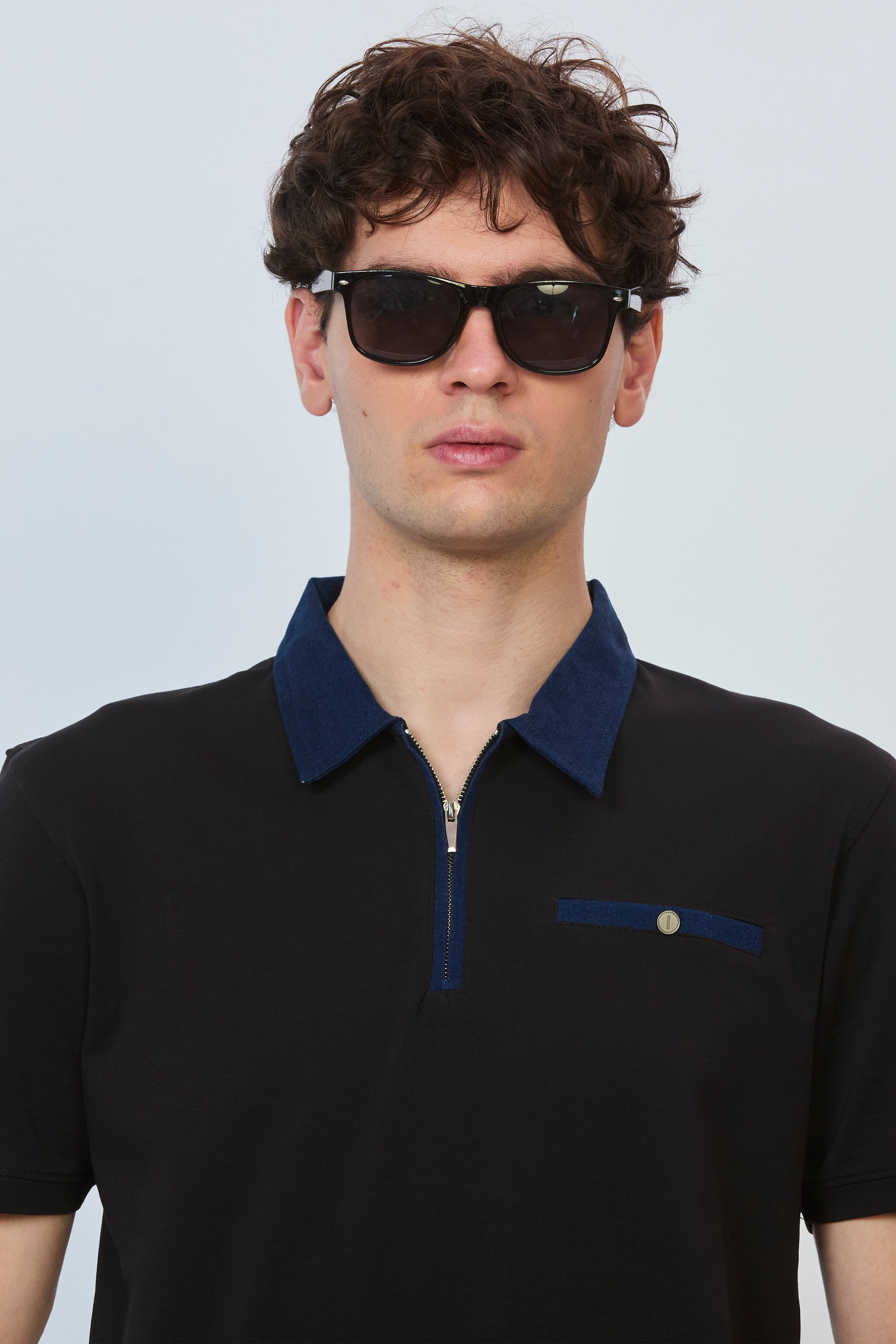 Black Statement Polo with Denim Trim & Functional Zipper