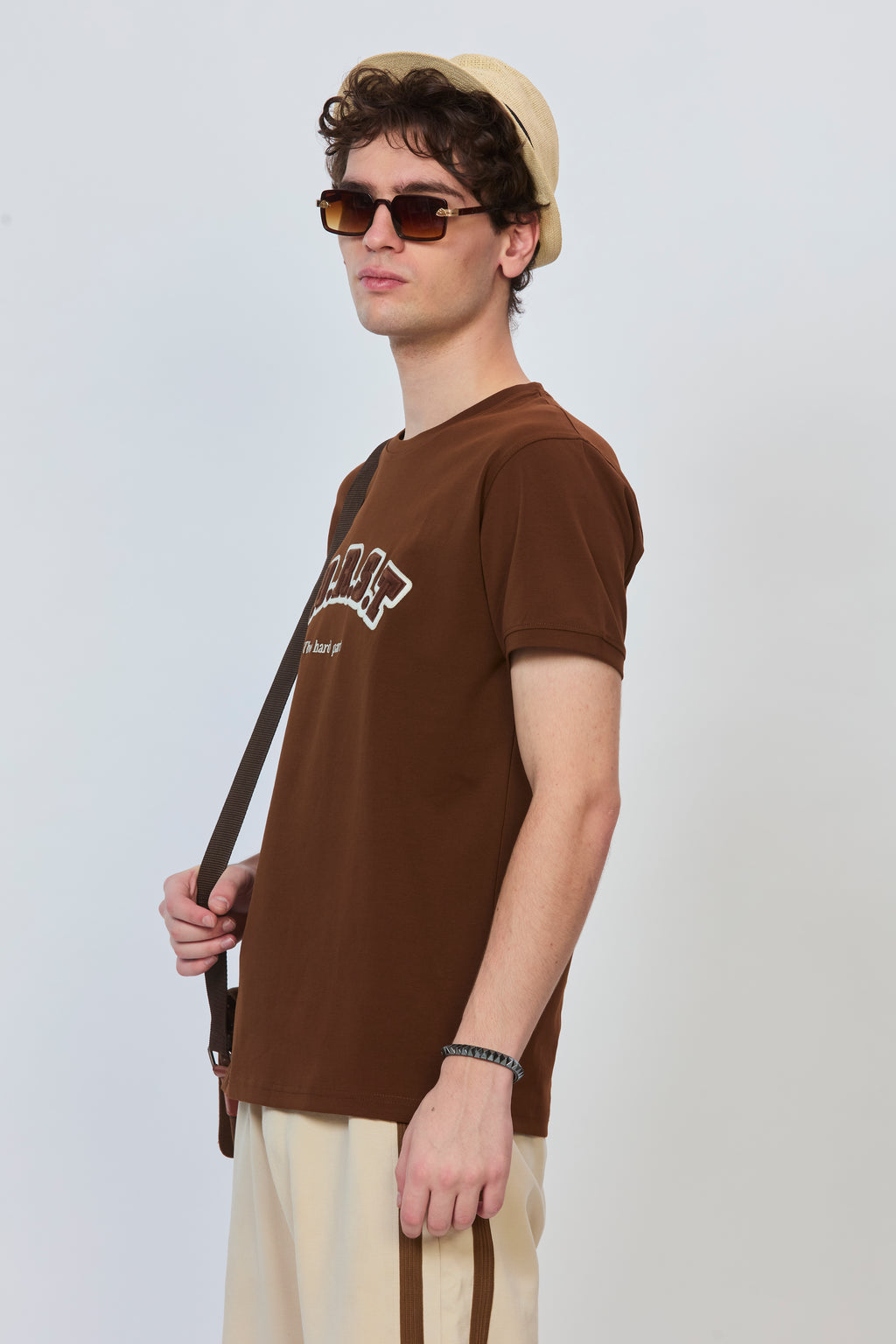 Brown Cotton T-Shirt with Tonal Embroidery