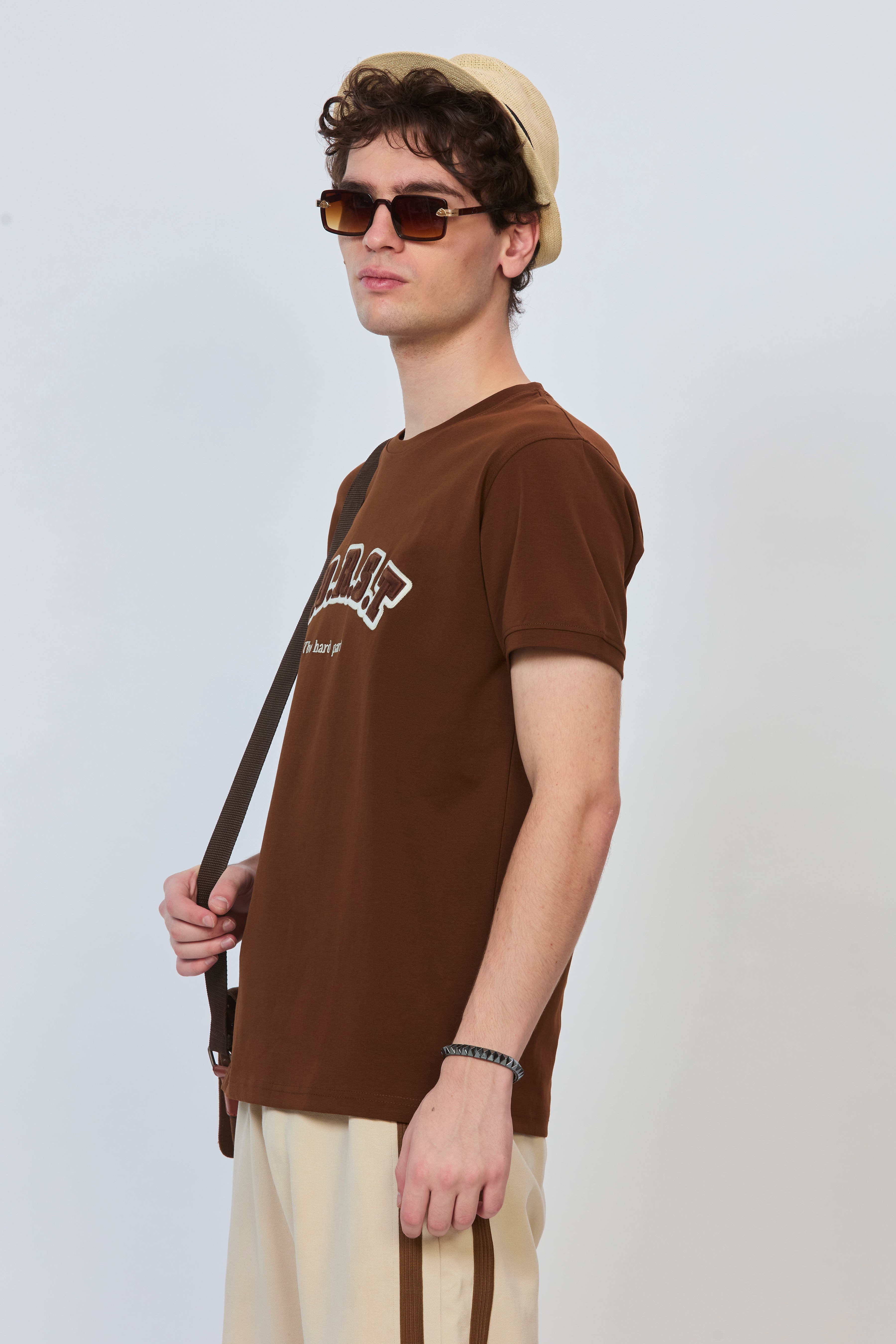 Brown Cotton T-Shirt with Tonal Embroidery