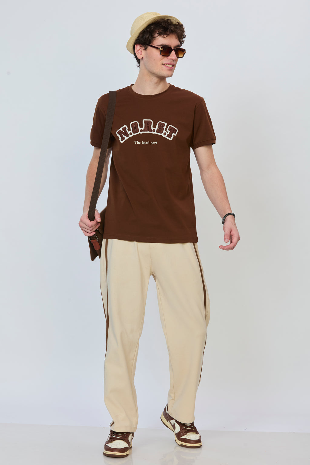 Brown Cotton T-Shirt with Tonal Embroidery