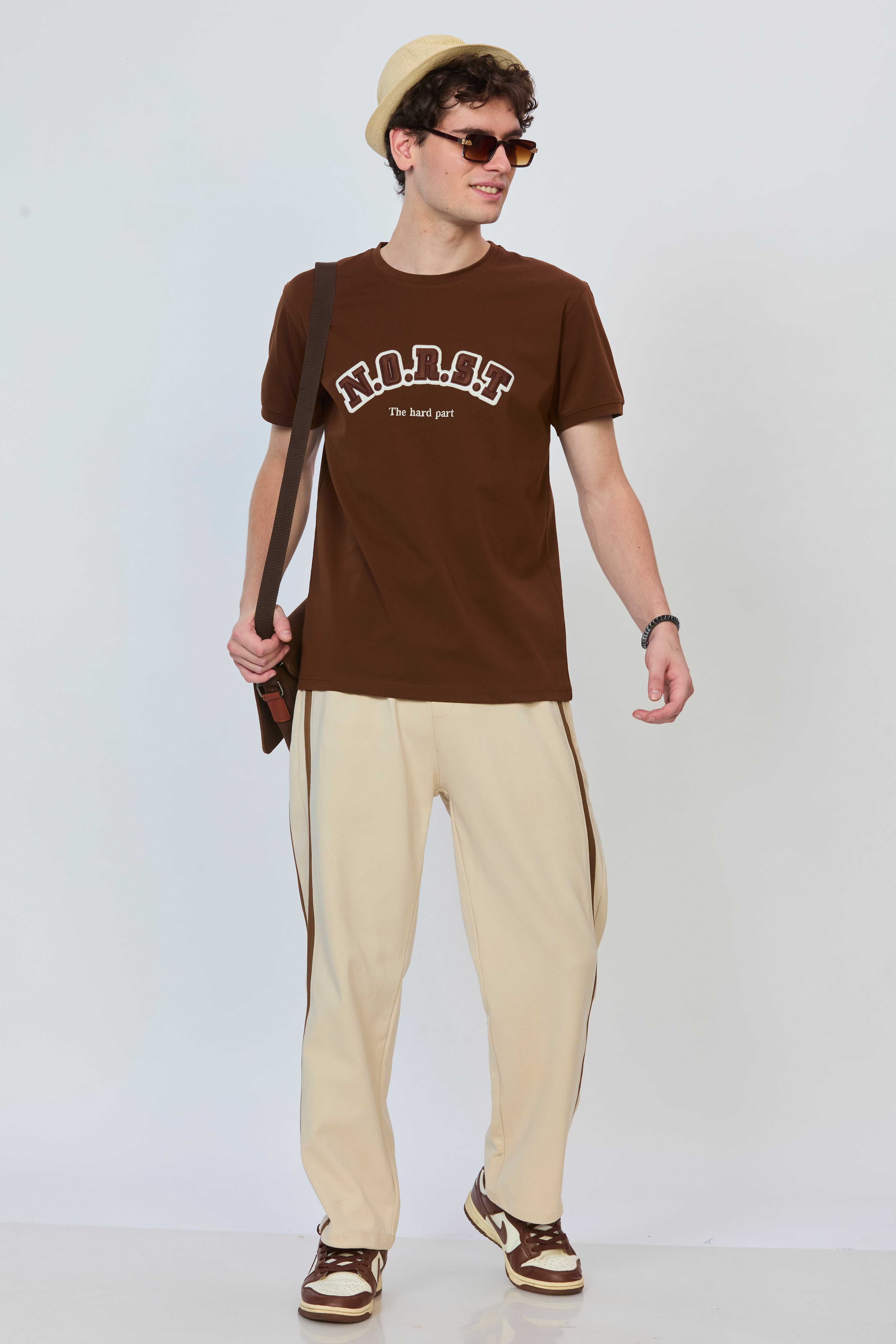 Brown Cotton T-Shirt with Tonal Embroidery