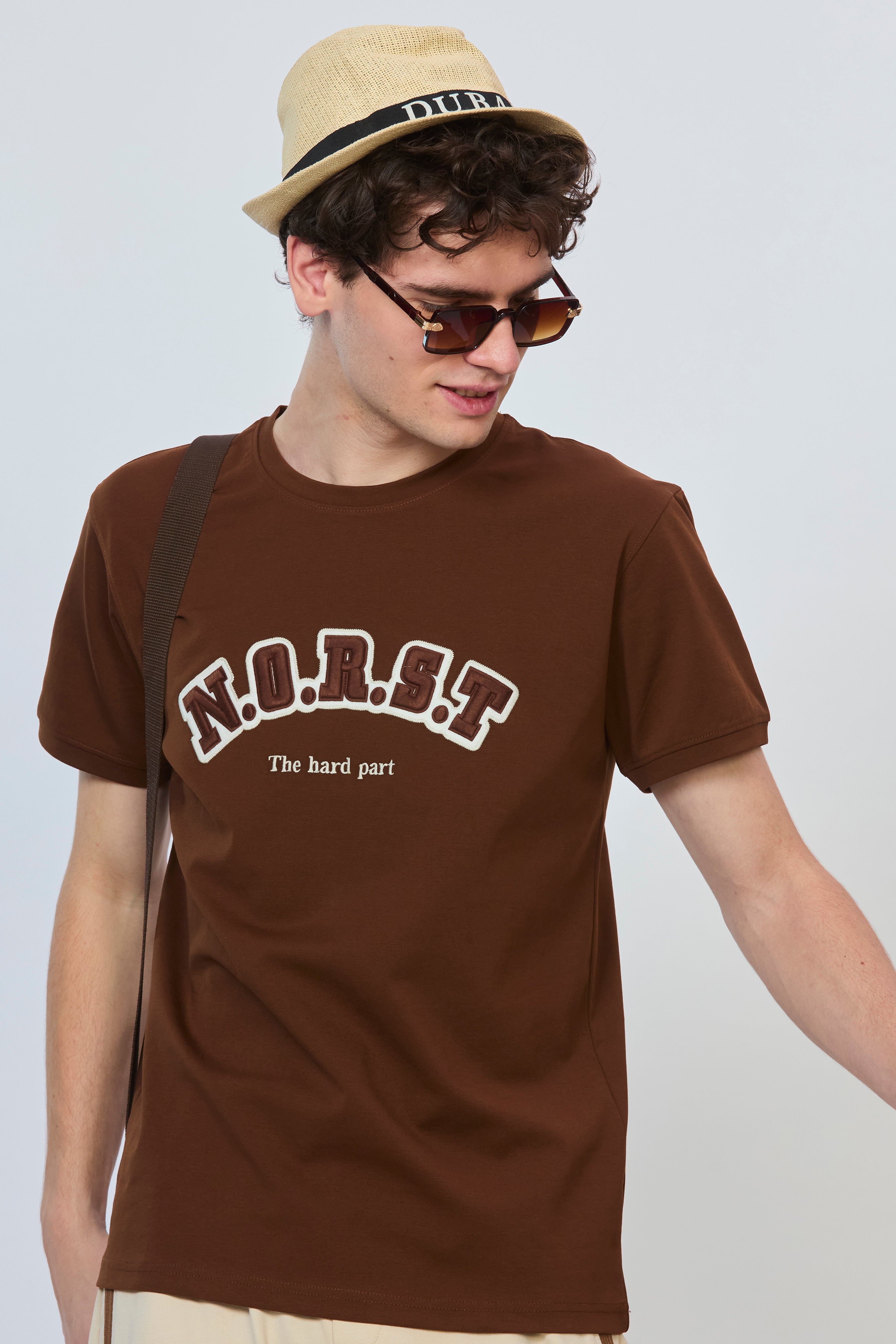 Brown Cotton T-Shirt with Tonal Embroidery
