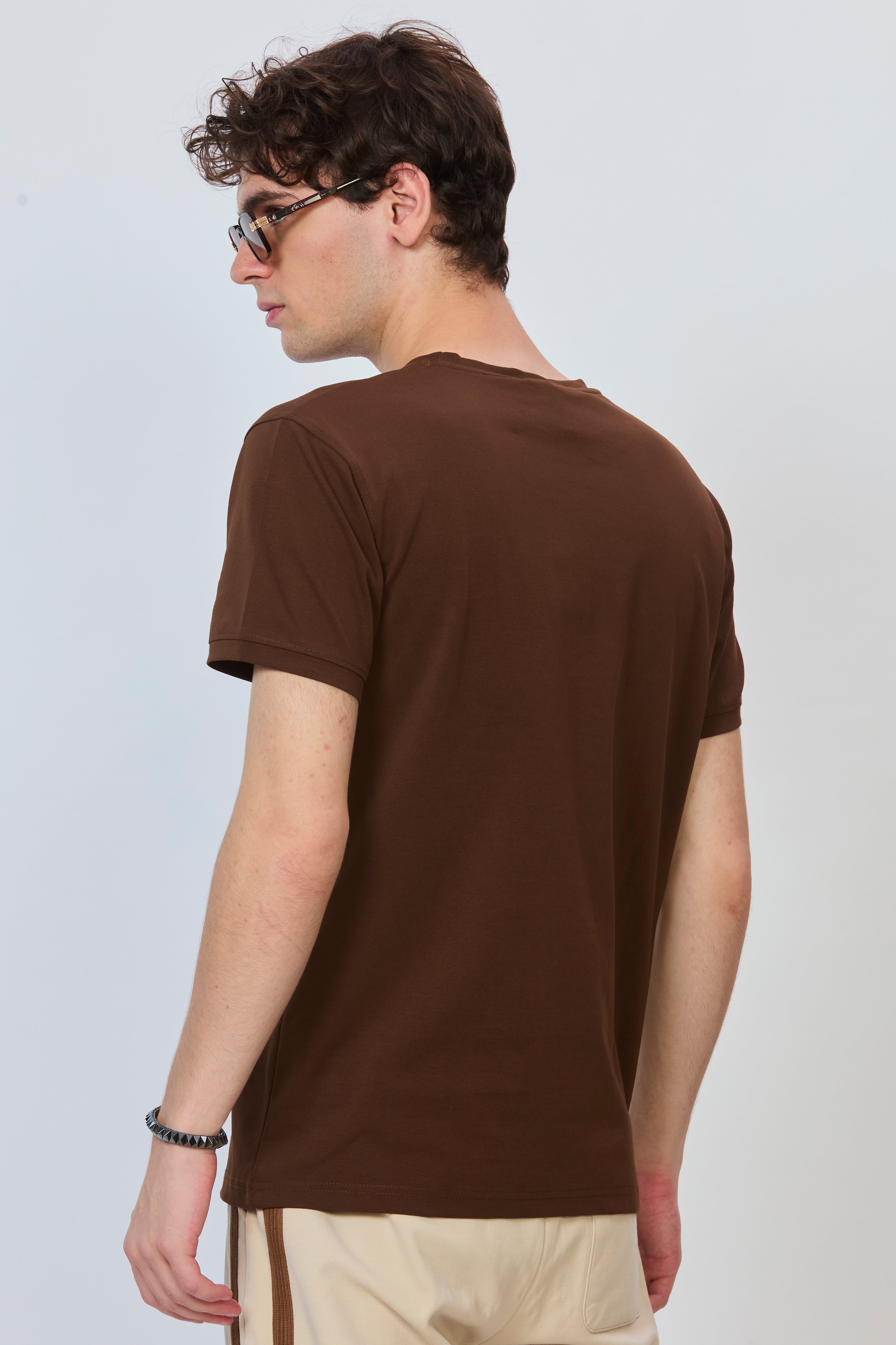 Brown Cotton T-Shirt with Tonal Embroidery