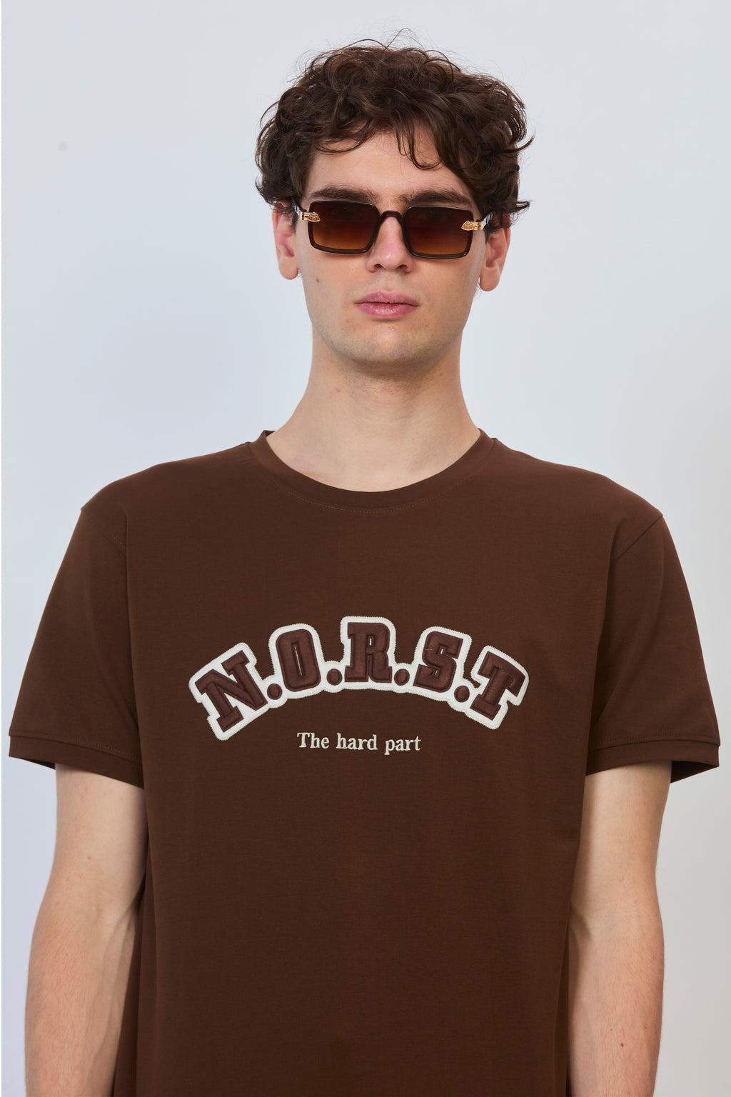Brown Cotton T-Shirt with Tonal Embroidery